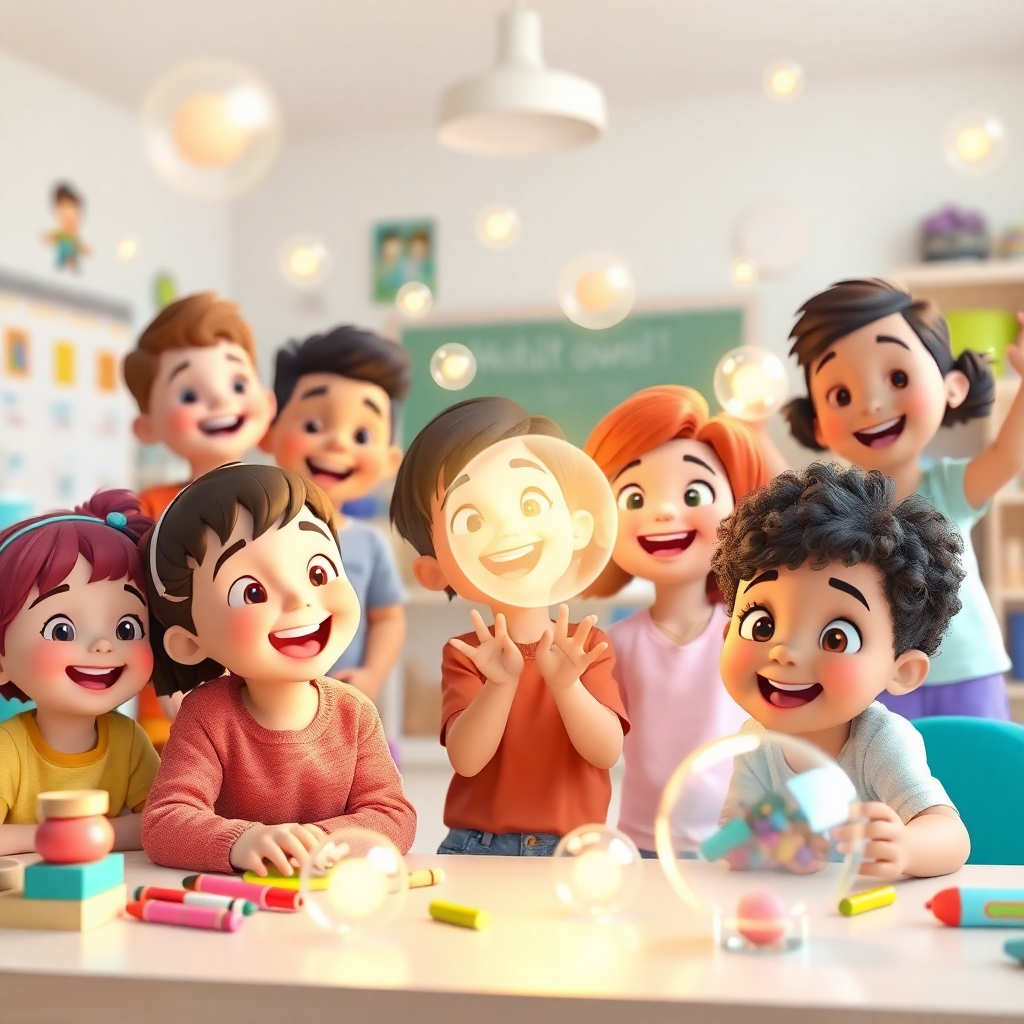 Create a 4K resolution image featuring a group of diverse children joyfully interacting with glowing orbs of light, representing positive energy. The setting is a bright and airy classroom filled with educational toys and materials. The children are smiling and engaged, with expressions of curiosity and excitement. Subtle visual cues representing quantum physics principles, such as interconnectedness and energy flow, are incorporated into the background. The color palette is cheerful and optimistic, with a blend of pastel and vibrant hues. The camera angle is a medium shot, capturing the children's expressions and the overall atmosphere of the classroom. Style: Clean, modern, and uplifting, with a focus on positivity and inclusivity. Inspired by Pixar animation with a realistic touch.