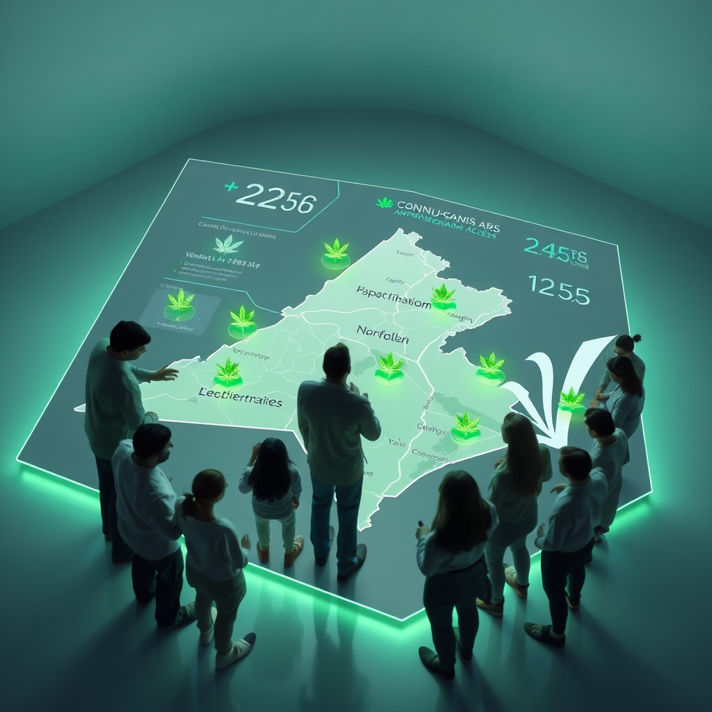 Create a 4K resolution image showcasing the essence of informed cannabis access. The scene depicts a stylized map of Norfolk, Virginia, with key dispensary locations highlighted by glowing green cannabis leaf icons. A diverse group of people are gathered around the map, interacting with it on a digital display. The lighting is soft and ambient, with a focus on the glowing elements. The color palette is modern and clean, with a mix of greens, blues, and grays. Camera angle is slightly overhead, providing a clear view of the map and surrounding figures. The style should be informative and engaging, similar to a modern infographic. The environment is a clean and inviting digital space. Textures should be smooth and polished, reflecting a tech-forward approach. Include subtle UI elements and data visualizations related to cannabis regulations. Reference images include modern interactive maps and technology interfaces. The overall feeling should be empowering, safe, and informative.