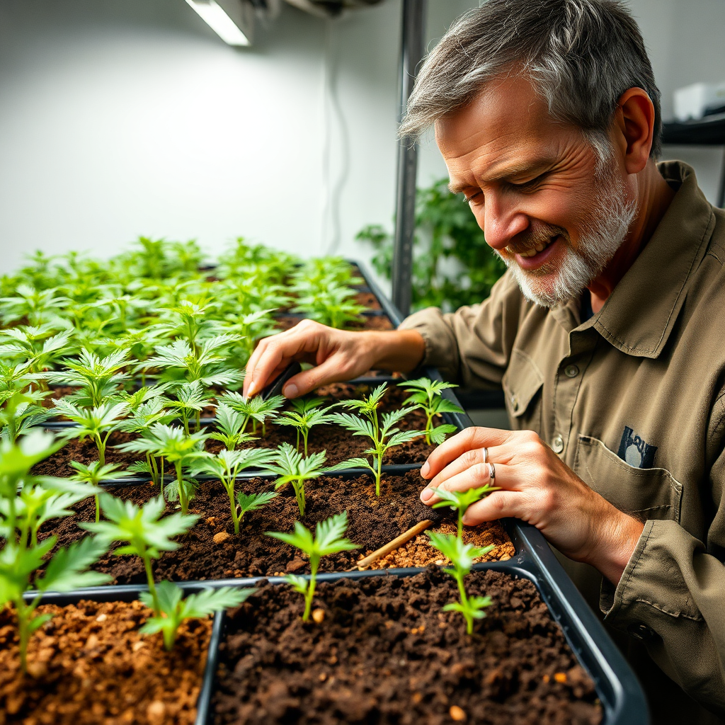 Create a 4K resolution, photorealistic image depicting an experienced cannabis grower carefully examining a tray of healthy cannabis seedlings. The grower should have a warm, knowledgeable expression. The seedlings are planted in a soil mix, with a clear distinction between Happy Frog and a homemade mix visible in separate sections of the tray. Emphasize the rich textures and colors of the soil. The lighting should be soft and diffused, highlighting the vibrant green of the seedlings and the earthy tones of the soil. The background should be a modern, well-equipped grow room. Style reference: a professional photograph in a gardening magazine, focusing on detail and clarity.