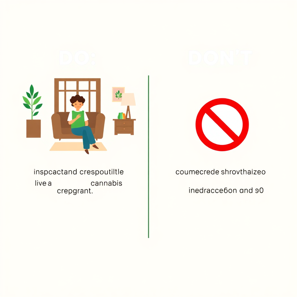Create a clean, infographic-style image with clear 'DO' and 'DON'T' sections. The 'DO' side should show responsible adults enjoying cannabis in a private residence, while the 'DON'T' side shows prohibited activities like public consumption. Use simple icons and a color palette of greens and reds. The style should be clear and concise, resembling a safety guide. 4K resolution.