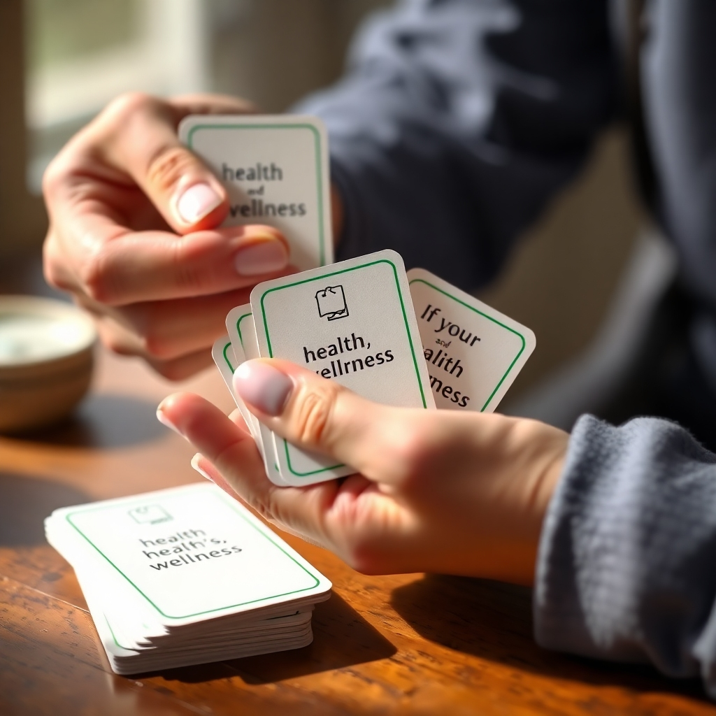 Create a close-up image of a person's hand selecting affirmation cards from a deck. The cards should feature words related to health and wellness. The background should be blurred, focusing attention on the cards and the person's hand. The lighting should be soft and natural. Render in 4K resolution.