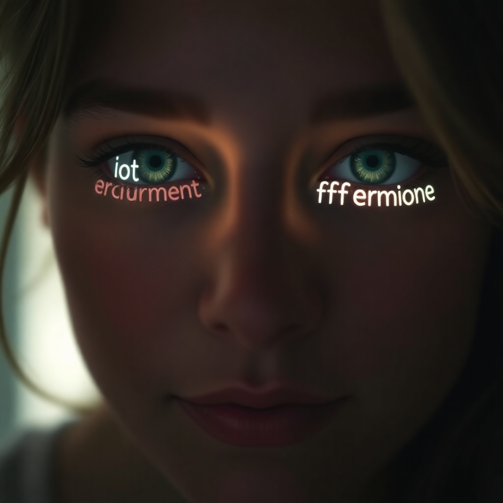 Create a close-up image of a person's face, with their eyes reflecting positive affirmations written in light. The background should be blurred and out of focus. The style should be inspirational, uplifting, and hopeful.