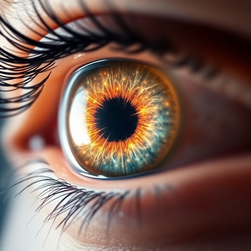 Create a close-up image of an eye opening, revealing a complex network of light and energy within. The pupil reflects a vast cosmos. Style: Intricate, cosmic, and awakening.