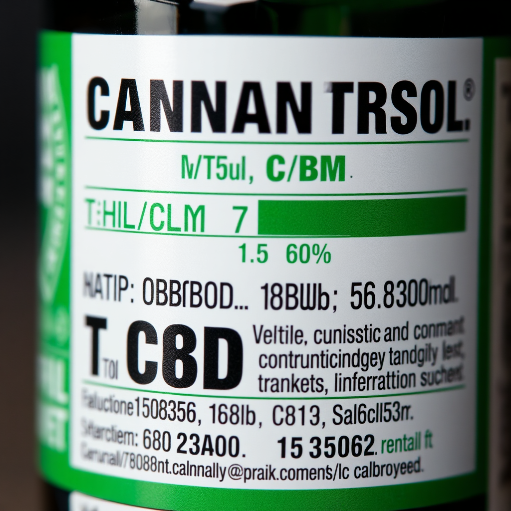 Create a close-up photorealistic image of a cannabis product label with key information highlighted, such as THC/CBD content, ingredients, and manufacturer details. The label should be clear and easy to read. Lighting should be bright and focused, emphasizing the label details. The color palette is clean and professional, with shades of green, white, and blue. Camera angle is very close-up, focusing on the label details. Use a style similar to product photography. The overall feeling should be informative and trustworthy.