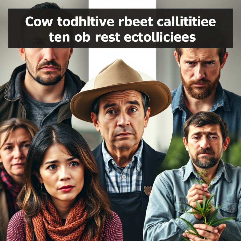 Create a collage image showcasing different groups affected by the CBD restrictions: a consumer looking disappointed, a business owner looking worried, and a farmer looking frustrated. The images should be interconnected, symbolizing the ripple effect of the restrictions. The lighting should be neutral, with a slightly somber tone. Color palette: Earth tones, with subtle accents of red. Camera angle: Medium shots of each individual. Technical specs: 4K resolution, high quality.