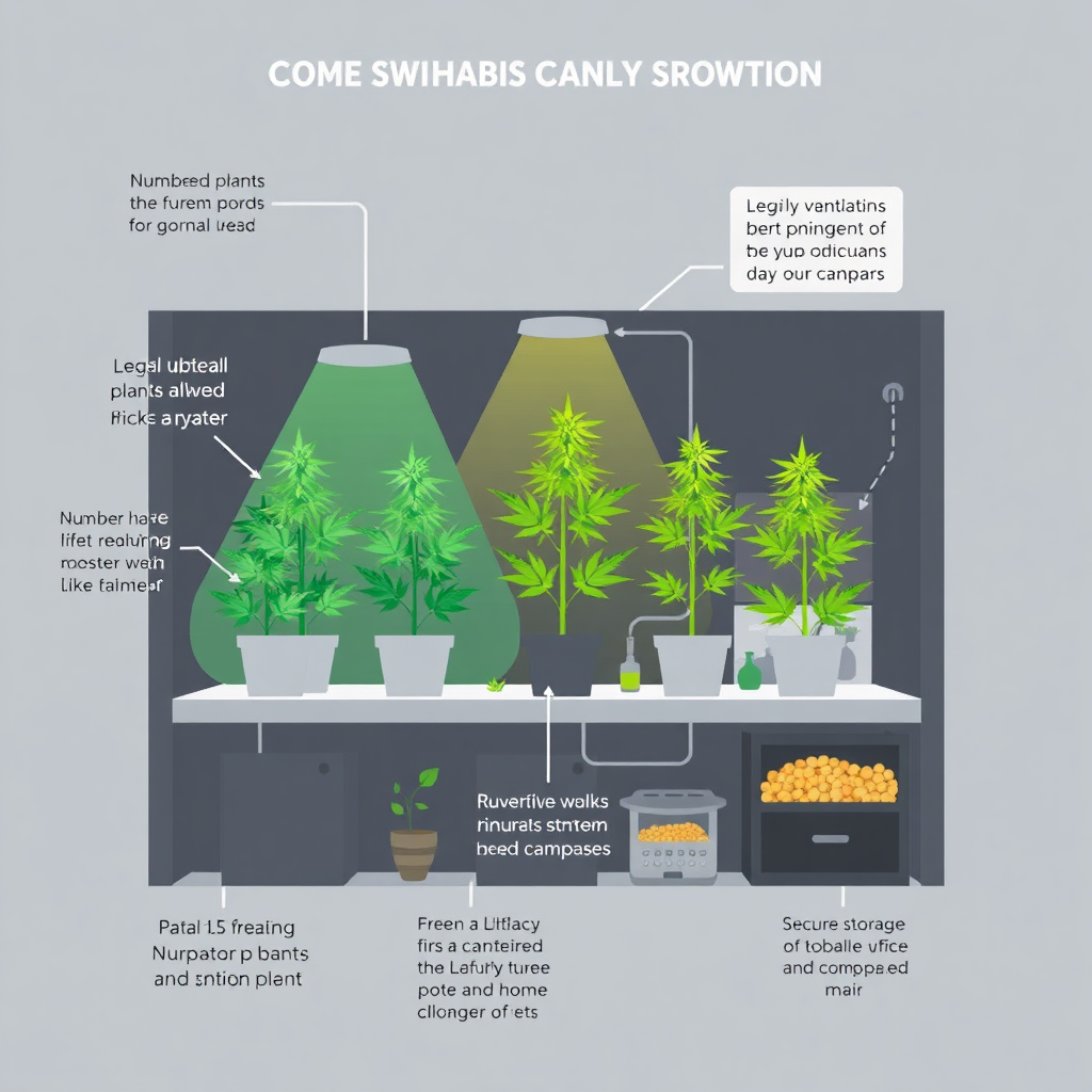 Create a detailed illustration depicting a legal home cannabis grow setup in Norfolk, Virginia. Show the specific number of plants allowed, proper ventilation systems, and secure storage of cannabis. The style should be informative and technical, similar to a schematic diagram. Highlight key aspects of compliance with labels and annotations. The color palette should be muted and professional, with clear visual indicators of safety and legality.