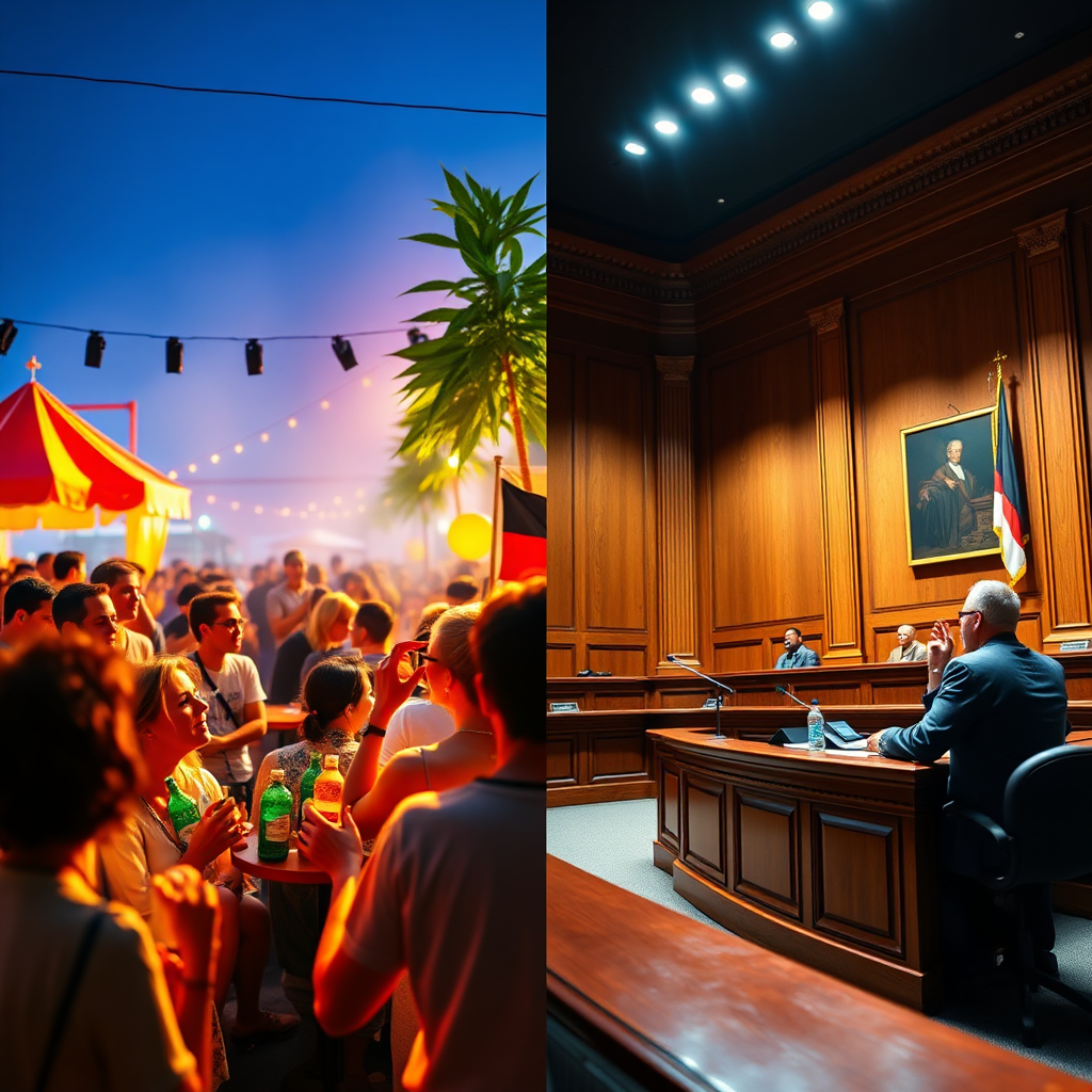 Create a divided image. On one side, depict a vibrant scene of people enjoying CBD products at a festival. On the other side, show a courtroom with a judge reading a verdict related to CBD restrictions. The division should be stark and contrasting. Lighting should be bright and cheerful on one side, and somber and serious on the other. Color palette: Bright colors on the festival side, muted colors on the courtroom side. Camera angle: Wide-angle, capturing the entire scene. Technical specs: 4K resolution, high quality.