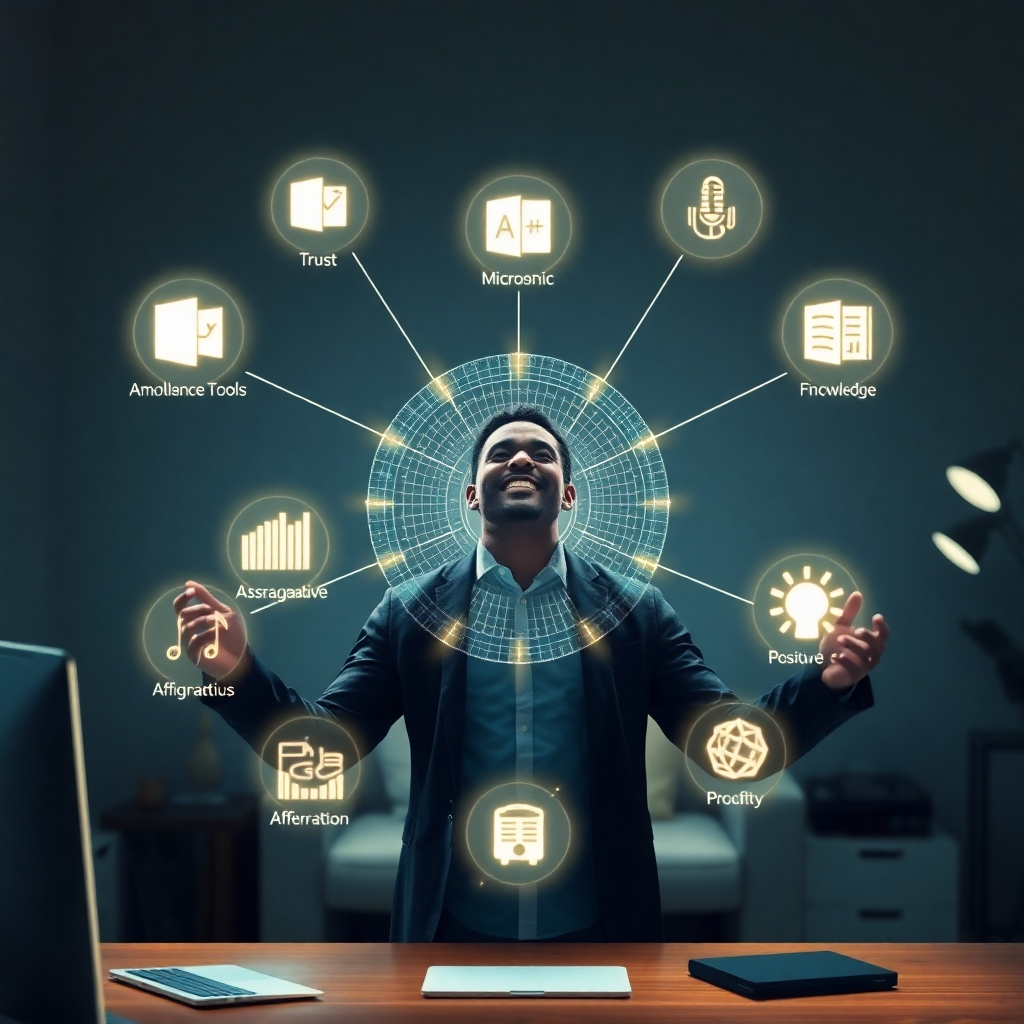 Create a high-quality 4K image that represents Afrekete's mission. Visualize a central figure, radiating confidence and positivity, surrounded by glowing holographic icons representing Microsoft tools, AI algorithms, sound waves, and positive affirmations. The figure should be depicted in a modern, minimalist home office setting. Soft, diffused lighting emphasizes the sense of calm and focus. The color palette is primarily blue and gold, conveying trust, knowledge, and prosperity. Subtle animations or particle effects could highlight the flow of information and energy. The style leans towards stylized realism, balancing detail with a clean, aspirational aesthetic. Capture the feeling of empowerment and transformation that Afrekete offers its clients.