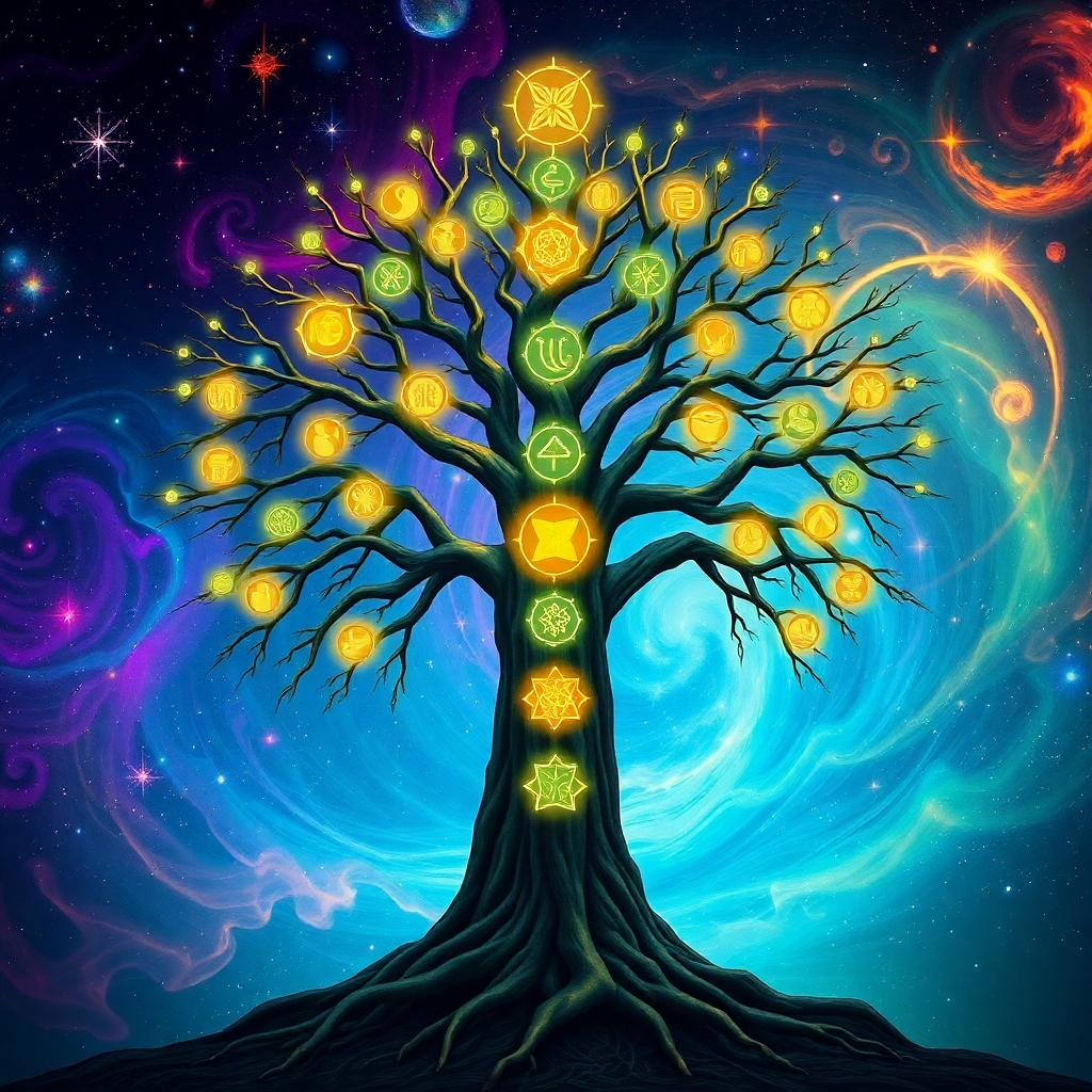 Create a high-quality, 4K resolution image representing the core mission of Unplugged Matrix. The scene should depict a stylized tree of life, with its roots reaching deep into the earth and its branches extending towards the cosmos. Each branch should be adorned with glowing symbols representing affirmations, visualizations, and healing frequencies. The background should be a swirling galaxy of vibrant colors, suggesting the limitless possibilities of the subconscious mind. The overall style should be a blend of photorealism and digital art, inspired by artists like Alex Grey and Android Jones. Use a color palette of vibrant blues, greens, purples, and golds to convey a sense of energy, growth, and transformation. The camera angle should be a wide shot, capturing the entire tree of life and its connection to the cosmos. Focus on intricate details of the symbols and the texture of the tree bark to create a visually stunning and engaging image.