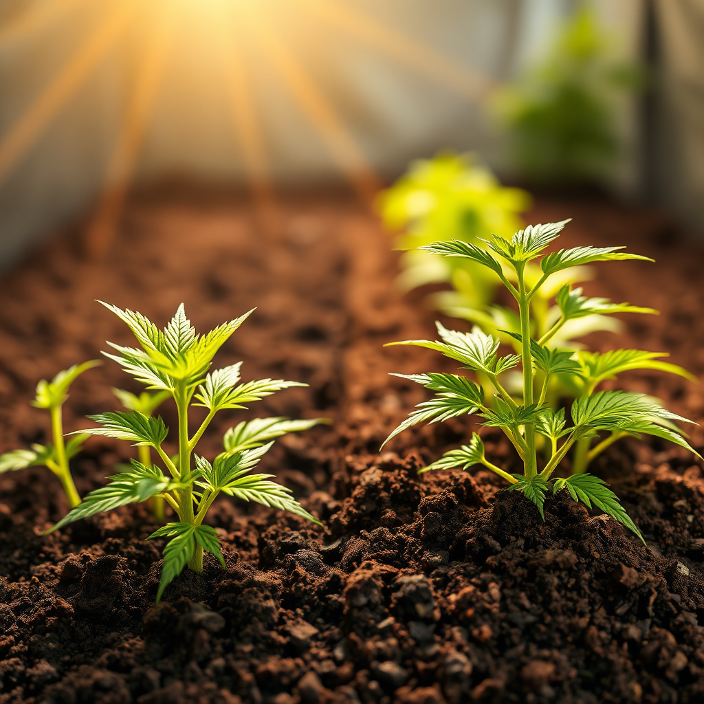 Create a hyperrealistic, 8K resolution image showcasing a side-by-side comparison of cannabis seedlings thriving in two different soil environments. On the left, depict vibrant, healthy seedlings flourishing in Happy Frog soil, with visible mycorrhizae and rich, dark earth. On the right, show equally robust seedlings in a homemade soil mix, highlighting the organic composition with visible perlite, compost, and worm castings. Focus the lighting to emphasize the vitality of the plants, with warm sunlight streaming from above. The backdrop should be a professional grow room setting, subtly blurred to keep the focus on the soil and seedlings. The camera angle should be a close-up, slightly elevated to capture the contrasting textures and the overall health of the plants. Emphasize the vibrant green of the leaves and the earthy tones of the soil. Style reference: mimic the clarity and detail of a macro photograph featured in a high-end gardening magazine.