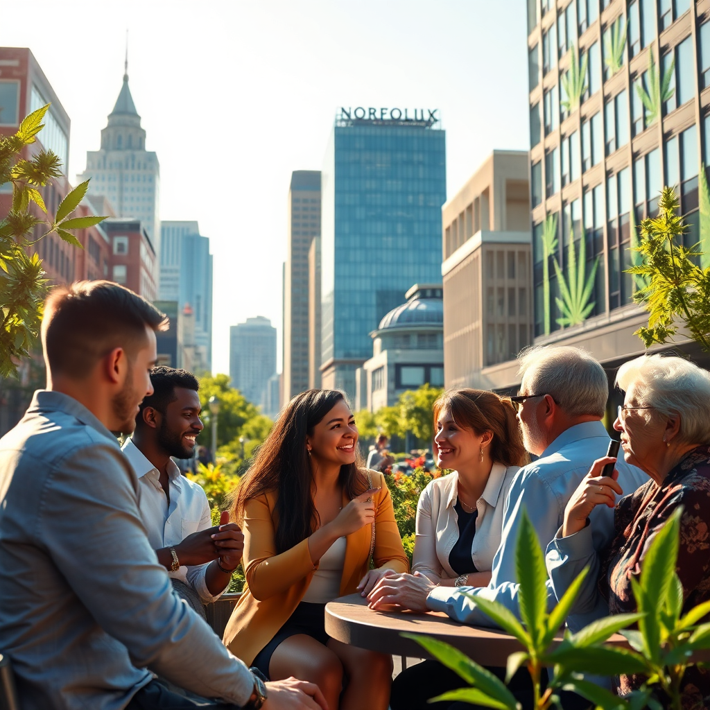 Create a hyperrealistic, 8K resolution header image for 'Norfolk City Cannabis Hub'. The scene should depict a vibrant, modern cityscape of Norfolk, Virginia, subtly incorporating cannabis-related elements. In the foreground, feature a diverse group of people – professionals, students, and retirees – engaged in conversation, perhaps at an outdoor cafe. One person could be holding a discreet vaporizer. The lighting should be warm and inviting, suggesting a sunny afternoon. The color palette should be predominantly greens, blues, and yellows, reflecting the natural environment of Norfolk. In the background, subtly incorporate cannabis leaves into the cityscape, perhaps as artistic designs on buildings or in public art installations. The camera angle should be slightly low, emphasizing the height of the buildings and the vibrancy of the city. The overall mood should be positive, inclusive, and informative, suggesting a well-regulated and accessible cannabis market. The style should be clean and modern, reflecting the progressive nature of Norfolk. Include subtle textures to make it look more photorealistic. Think 'Cannabis meets Norfolk' with a friendly and approachable vibe.