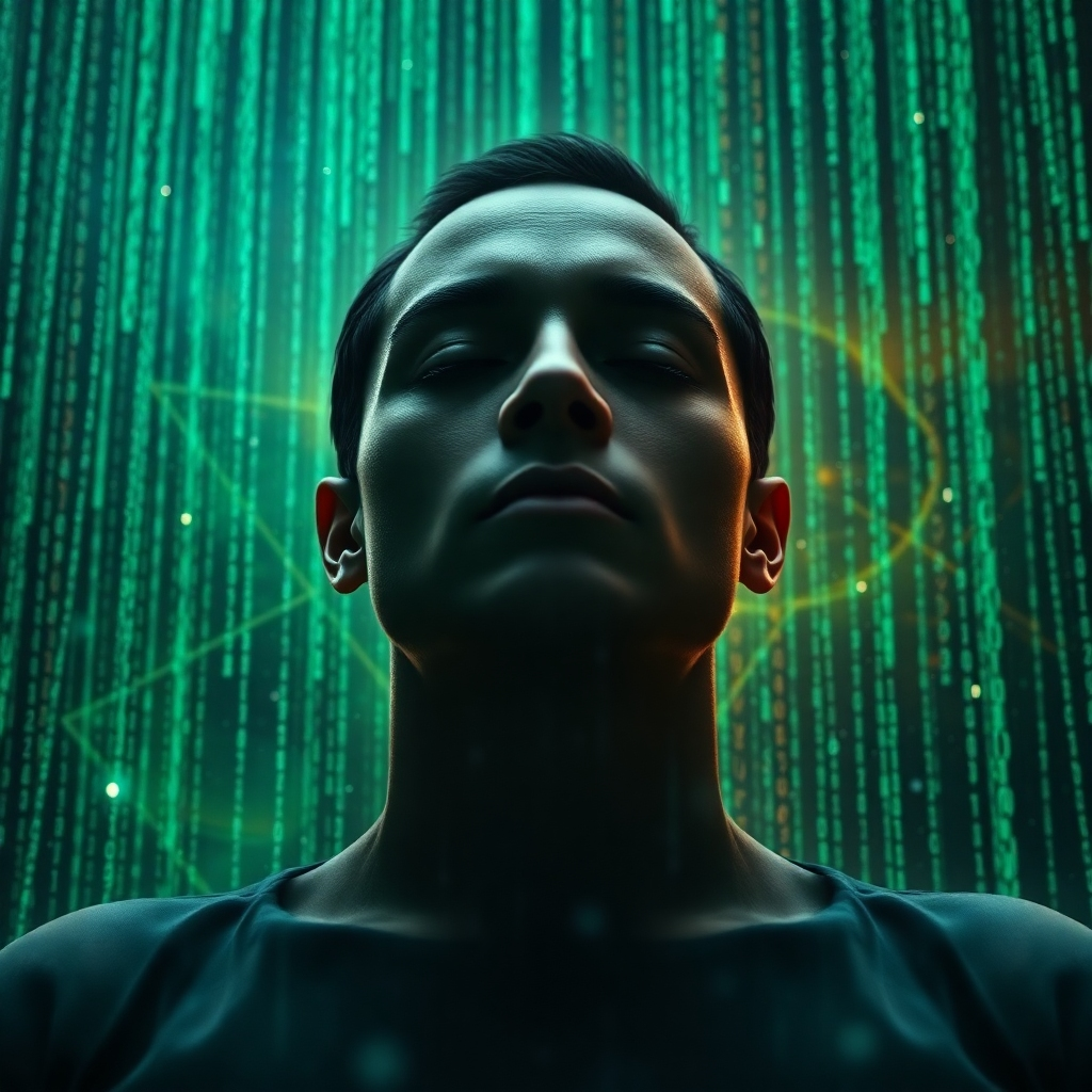 Create a hyperrealistic, 8K resolution image representing the concept of 'unplugging from the Matrix.' The central figure is a person with their eyes closed, seemingly meditating. Around them, holographic code is breaking apart and dissolving, revealing a vibrant, natural world behind it. The color palette should shift from cold, sterile blues and greens of the Matrix code to warm, earthy tones of the real world. Lighting should be dramatic, with a soft glow emanating from the real world breaking through the dissolving code. Camera angle: a slightly low angle, emphasizing the figure's strength and the vastness of the illusion being shattered. Add texture details like subtle light refractions and the faint shimmer of dissolving code. The environment should evoke both a digital landscape and a flourishing natural scene. Props: subtle hints of ancient symbols and geometric patterns woven into the dissolving code. Style references: blend the visual aesthetics of 'The Matrix' with elements of spiritual awakening and nature photography. This image should evoke a sense of hope, liberation, and the power of inner transformation.