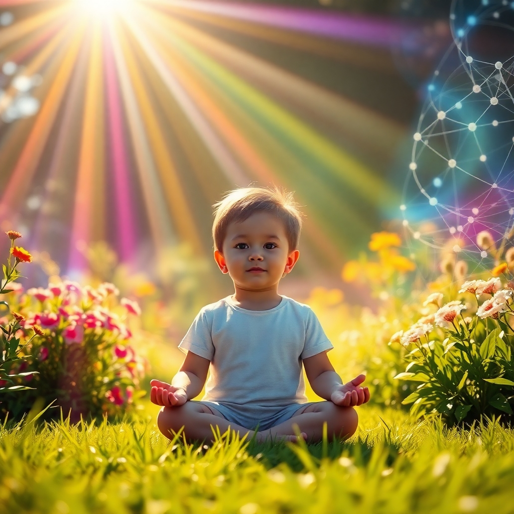 Create a hyperrealistic, 8K resolution image depicting a child meditating in a vibrant, sun-drenched garden. The child is surrounded by swirling, colorful energy fields that represent positive vibrations. Light refracts through the air, creating a rainbow effect. The background features abstract representations of quantum physics principles, such as wave patterns and interconnected nodes, subtly woven into the natural scenery. The overall color palette should be warm and inviting, with prominent hues of gold, yellow, and light blue. The camera angle is a slightly low angle, emphasizing the child's peaceful expression and the expansive energy surrounding them. Textural details include soft, glowing light, intricate energy patterns, and detailed botanical elements. Style: Inspired by the vibrant, spiritual art of Alex Grey and the photorealistic rendering of Octane Render.