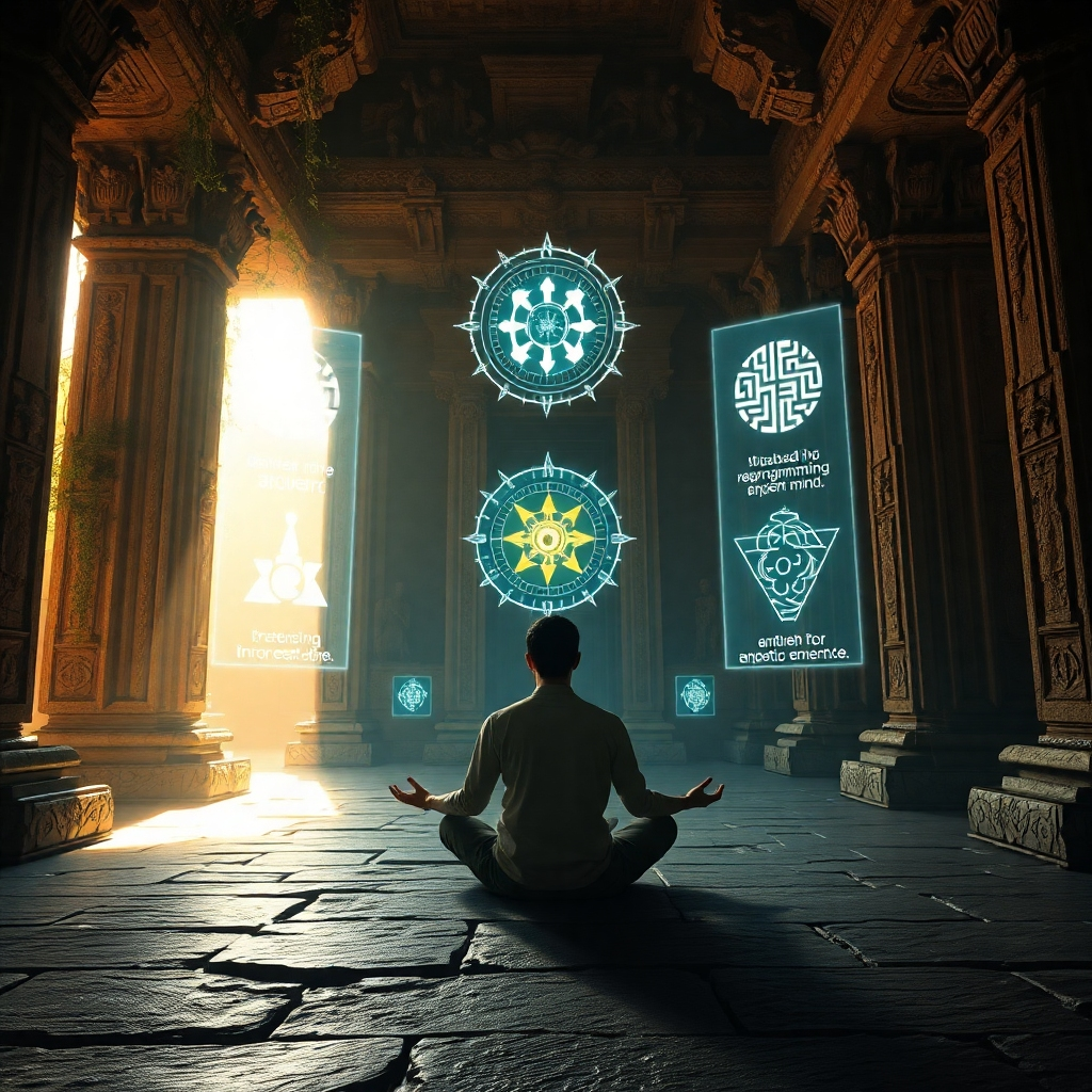 Create a hyperrealistic, 8K resolution image for Unplugged Matrix. The scene should depict a person meditating in a serene, ancient temple setting. The temple is bathed in soft, golden light filtering through intricate carvings and overgrown vines. The person is surrounded by holographic projections of ancient symbols and affirmations floating in the air, representing the reprogramming of the subconscious mind. Use a color palette of deep blues, purples, and golds to evoke a sense of mystery and transformation. The camera angle should be slightly low, looking up at the person to emphasize their power and connection to ancient wisdom. The overall style should be inspired by the visual aesthetic of 'Doctor Strange' and 'The Matrix', blending ancient mysticism with futuristic technology. Pay close attention to texture details of the stone carvings and the ethereal glow of the holographic projections, and ensure the environment feels both grounded and otherworldly. Include subtle visual cues of flowing energy and shifting timelines within the scene.
