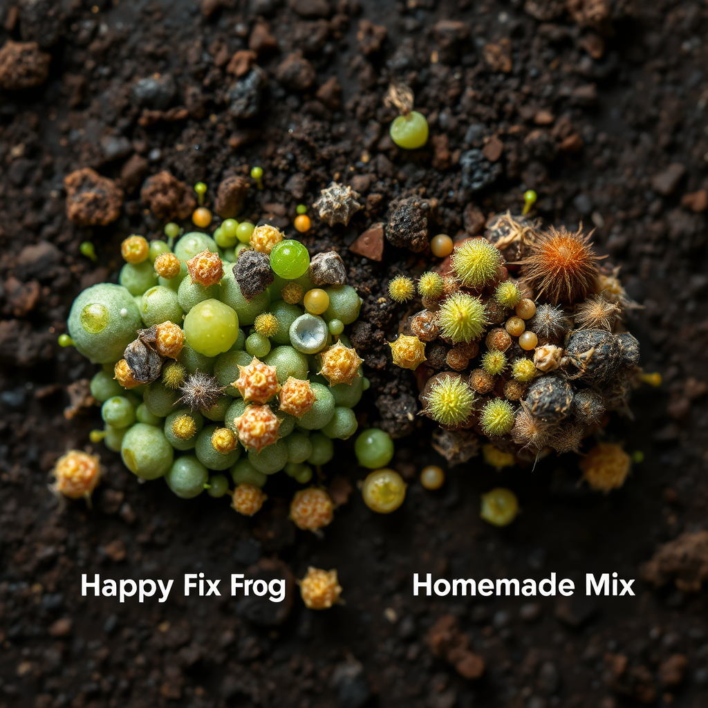 Create a microscopic, stylized image showcasing the microbial life in Happy Frog soil versus a homemade mix. For Happy Frog, depict a vibrant, diverse ecosystem of beneficial bacteria and fungi (mycorrhizae) actively interacting with cannabis roots. For the homemade mix, show a potentially less diverse or balanced microbial community. Use bright, contrasting colors to differentiate the microorganisms. The background should be a dark, textured surface to highlight the microbial activity. Camera angle: Top down, macro lens. Style reference: Biological illustration from a scientific journal.
