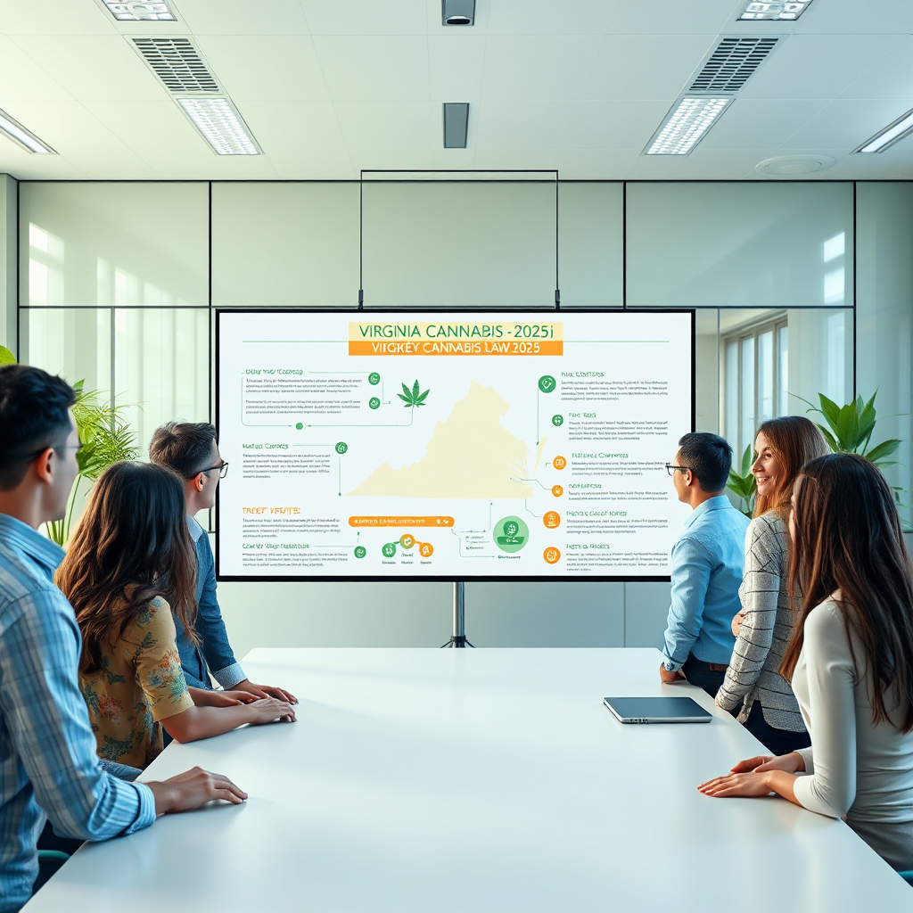 Create a photorealistic 4K image that conveys trustworthiness and knowledge. It should depict a modern, brightly lit office space. In the center, place a large, stylized infographic that explains the key aspects of Virginia cannabis law in 2025. Around the infographic, have a group of diverse people looking at the screen. The overall tone should be informative and welcoming. Use a slightly high camera angle. Colors should be clean and professional, with greens, blues, and whites dominating. Textures should be crisp and clear. Style should be clean, corporate and referential to popular educational websites and legal resources. The scene needs to exude authority and reliability.