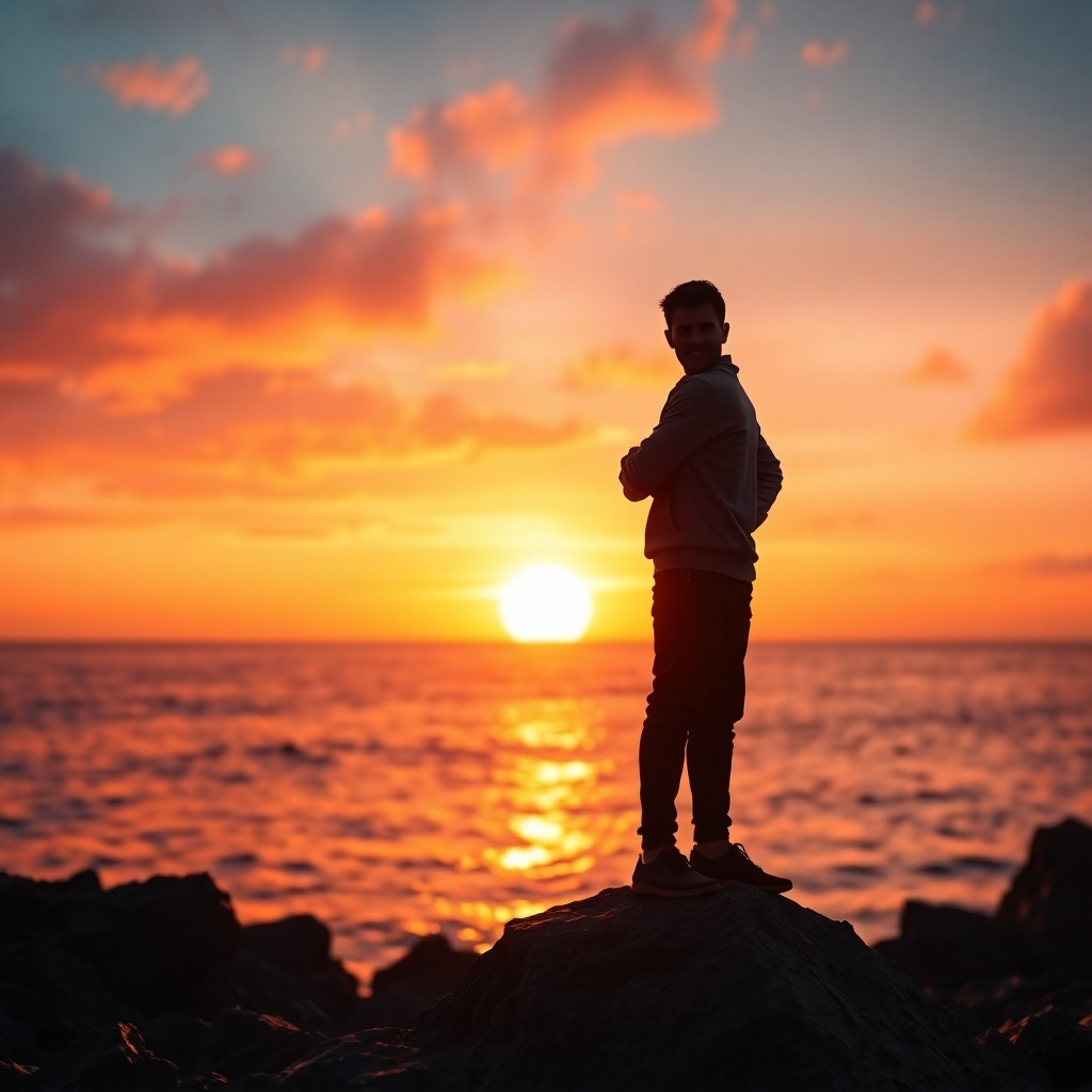 Create a photorealistic 8K resolution hero image for "Carnivore Found Me". The image should depict a person standing strong and confident on a rocky coastline at sunrise. Their silhouette is powerful, symbolizing inner strength. The background should feature a vibrant orange and pink sunrise over the ocean, reflecting in the water below. The color palette should be warm and inviting, with hints of gold and amber. Include subtle 528Hz frequency waveforms visually integrated into the sky or water, almost like shimmering energy. Use a low camera angle to emphasize the person's strength and the grandeur of nature. Add texture to the rocks and water for realism. Style: Hyperrealistic, with a touch of ethereal energy. Props: None needed, the focus is on the person and the environment.