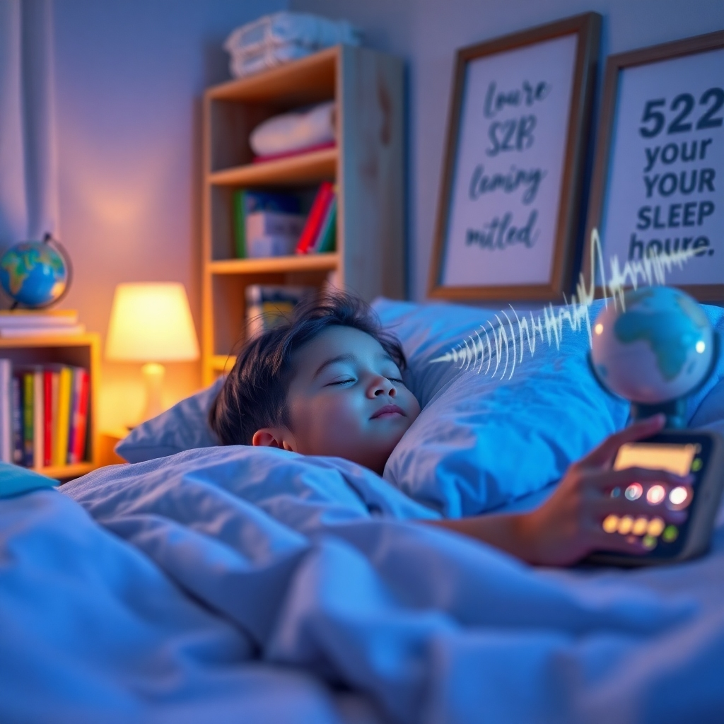 Create a photorealistic header image in 8K resolution depicting a child sleeping peacefully in a softly lit room. The scene should be bathed in calming blue and violet hues. Subtle 528Hz sound waves should visually emanate from a bedside device (like a phone or speaker), gently enveloping the child. The room contains elements suggesting learning and growth: a bookshelf with age-appropriate books, a globe, and perhaps a framed motivational quote. The camera angle should be slightly elevated, providing a comforting and secure perspective. Hyperrealistic textures of the bedding and surrounding objects are essential. The style should evoke a sense of tranquility, safety, and the promise of a bright future. Use depth of field to softly blur the background. The overall mood is serene and hopeful, reflecting the power of sleep affirmations. The light source is a soft, warm glow from a bedside lamp.
