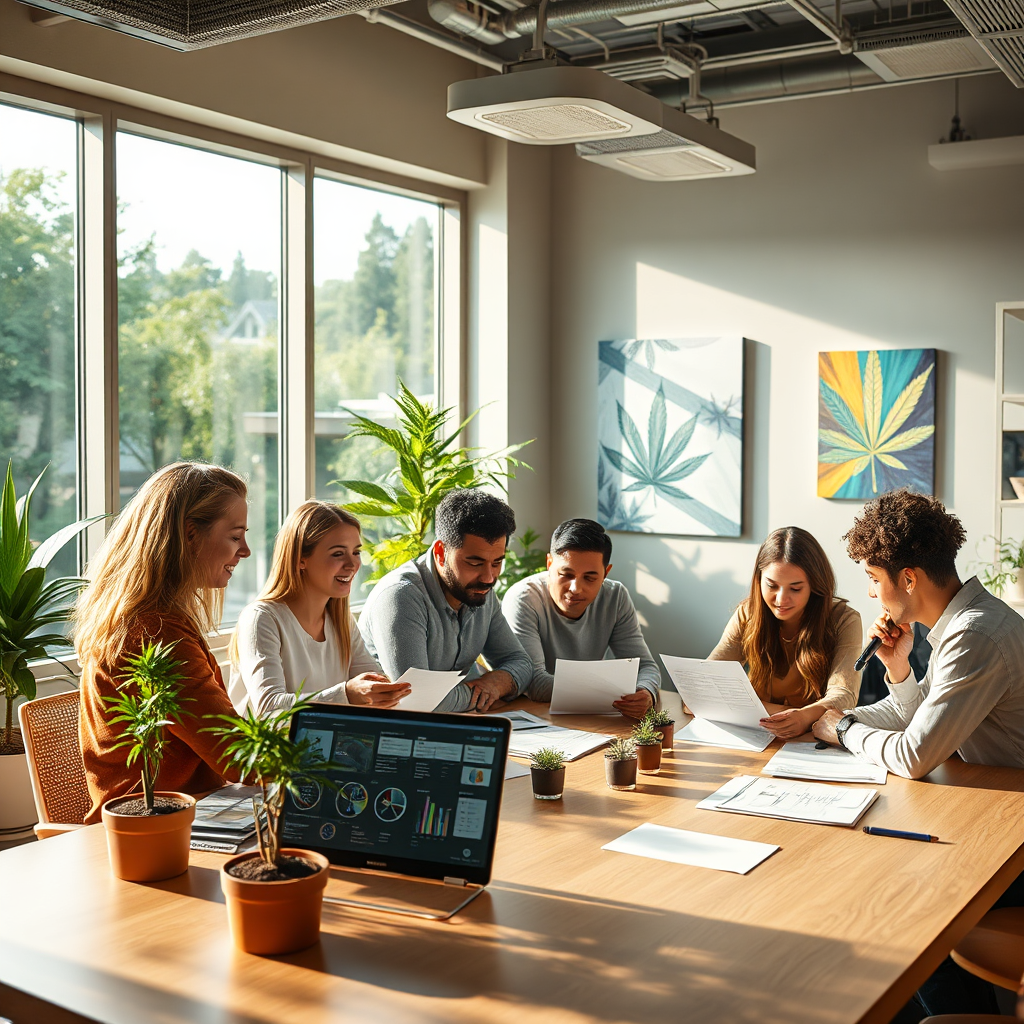 Create a photorealistic, high-quality 4K image for the 'About Us' section of Norfolk City Cannabis Hub. The scene should be warm, inviting, and informative. Imagine a brightly lit, modern office space with large windows overlooking a green, urban environment. In the foreground, feature a diverse group of individuals – researchers, writers, and community organizers – collaborating around a large table, reviewing documents and discussing cannabis-related topics. Perhaps include a laptop displaying cannabis-related infographics or data visualizations. The color palette should be predominantly greens, blues, and yellows, creating a sense of trust and expertise. Consider adding subtle cannabis-related elements, such as potted cannabis plants or abstract artwork featuring cannabis leaves. The camera angle should be slightly elevated, capturing the entire scene from a welcoming perspective. The overall style should be professional, approachable, and trustworthy, reflecting the organization's commitment to providing reliable information and fostering a positive cannabis community. Pay attention to textures of the environment.