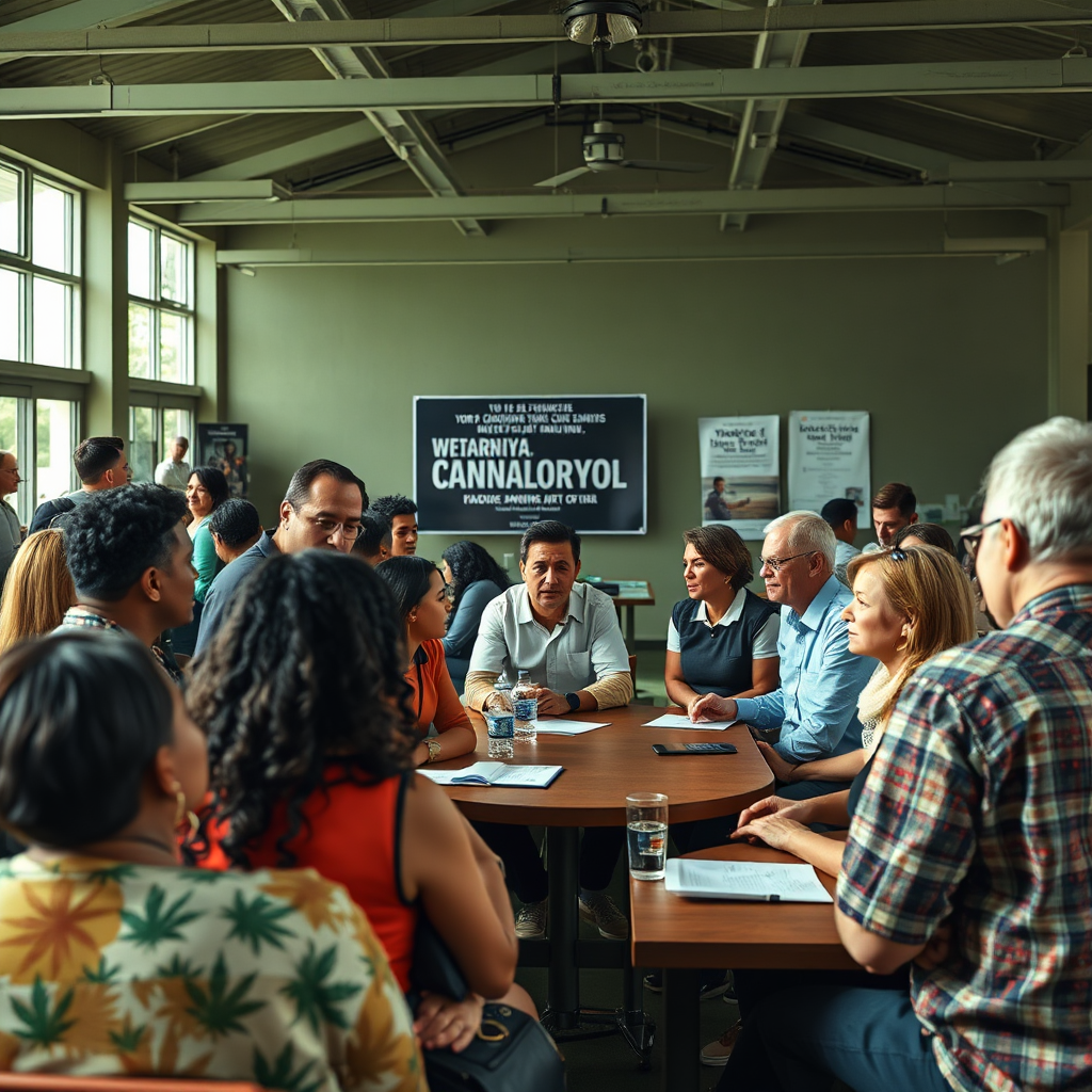 Create a photorealistic image depicting a community meeting discussing cannabis policies in Virginia. The scene should be set in a public space with diverse individuals engaged in conversation. The lighting should be inclusive and open, using a color palette of greens and browns. The camera angle should be medium-range, capturing the entire meeting environment. Add texture details like community members and political posters. The environment should evoke a sense of dialogue and community involvement.