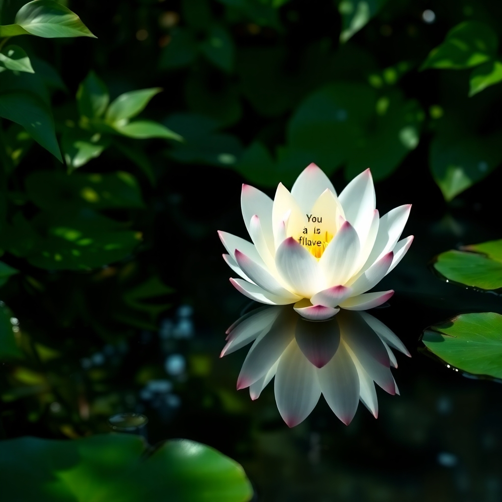 Create a photorealistic image representing the concept of inner peace and mental clarity. Imagine a single lotus flower blooming in the center of a still, reflective pond. Around the pond, sunlight filters through lush green foliage, casting dappled shadows. Within the petals of the lotus flower, tiny, glowing affirmations are subtly inscribed. The color palette should be vibrant yet calming, with rich greens, soft blues, and the pure white of the lotus. The camera angle should be a slightly elevated perspective, capturing the entirety of the pond and its surroundings. Pay attention to the texture of the lotus petals, the water's surface, and the surrounding leaves. Style reference: zen garden, mindful tranquility. Technical specs: 4K resolution, high quality rendering.