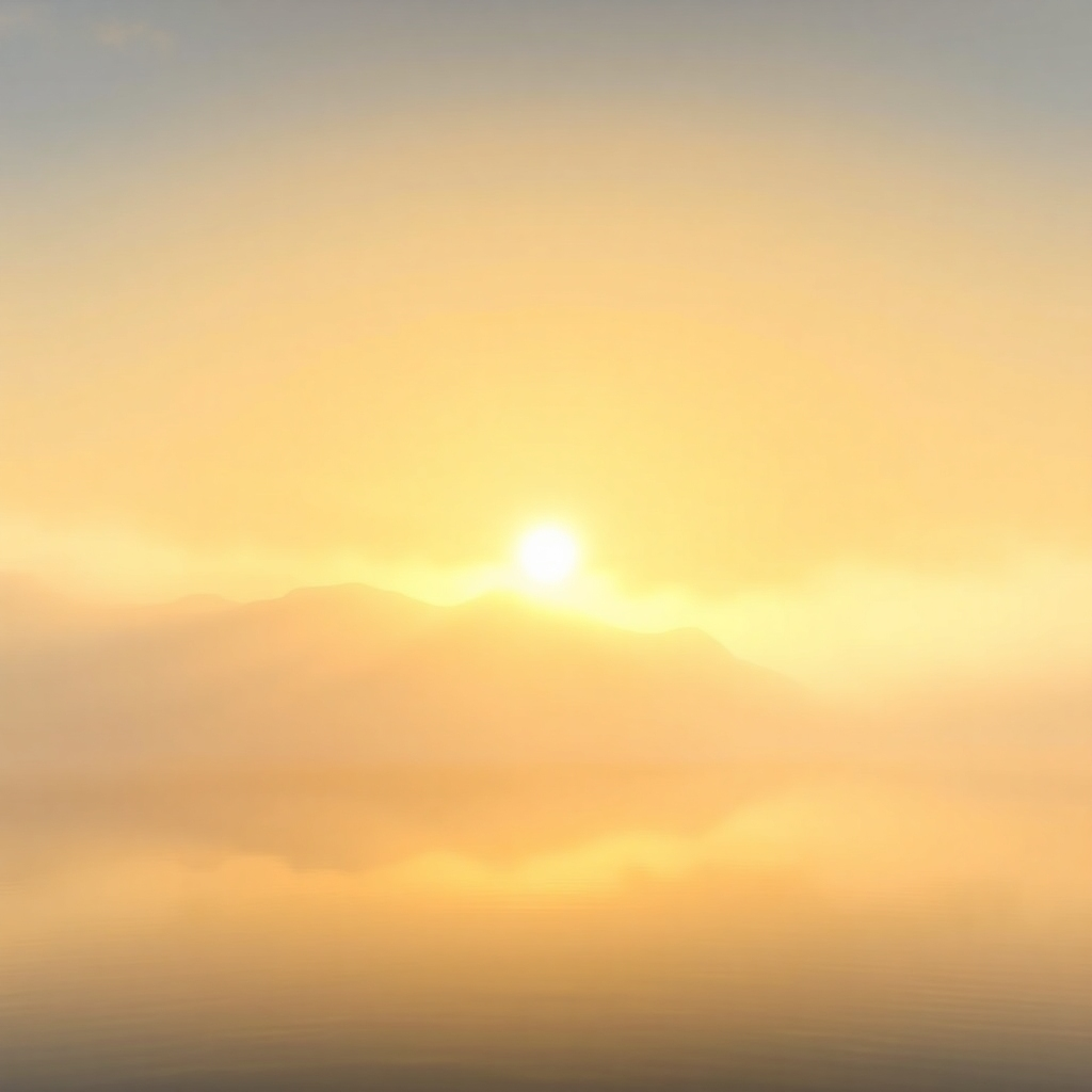 Create a photorealistic image of a serene sunrise over a calm lake. The sun's rays are filtering through the mist, creating a soft, golden light. The scene evokes a sense of peace, renewal, and hope. The water is still and reflective, mirroring the sky. Photorealistic, high resolution.