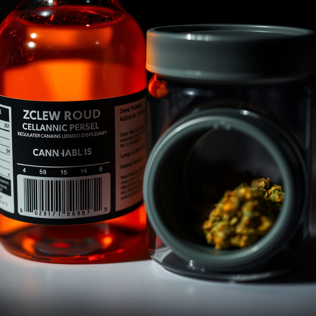 Create a photorealistic image contrasting two cannabis products: one clearly labeled and professionally packaged from a licensed dispensary, and the other in a plain, unmarked container. The labeled product is well-lit and presented cleanly, while the unmarked product is shown in shadow and appears less appealing. The lighting should emphasize the contrast between the two. The color palette is vibrant for the regulated product and dull for the unregulated one. Camera angle is close-up, focusing on the packaging details. Use a style similar to product comparison photography. The overall feeling should be caution and awareness.
