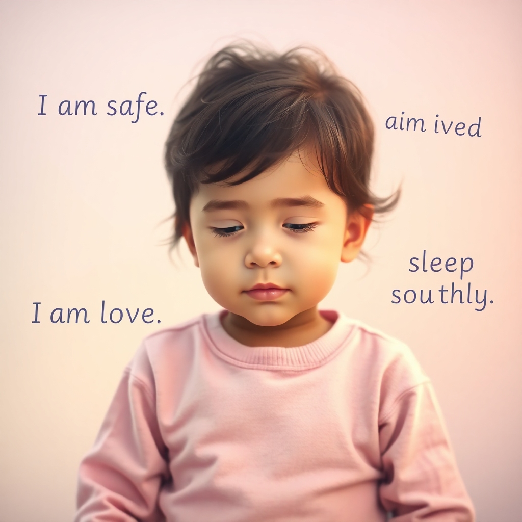 Create a photorealistic image representing positive affirmations. Words such as "I am safe," "I am loved," and "I sleep soundly" float gently around a child. The color palette consists of soft pastel tones, evoking a feeling of peace and tranquility. The camera angle should be comforting and gentle.