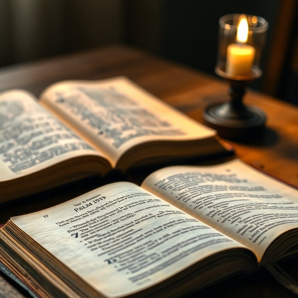 Create a photorealistic image of an open KJV Bible, highlighting a specific Psalm verse related to peace and comfort. The Bible rests on a wooden table, illuminated by a soft, warm light. A single candle flickers nearby, casting gentle shadows. Focus on the texture of the aged paper and the clarity of the printed words. The camera angle is close-up, emphasizing the verse. Soft focus background. Photorealistic, high resolution.