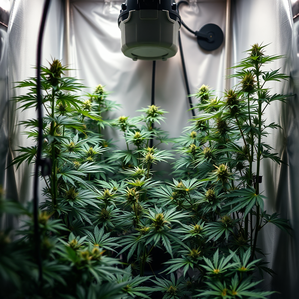 Create a photorealistic image of a small, well-organized indoor cannabis grow setup. Focus on depicting a legal number of plants growing in a controlled environment. The lighting should be soft and diffused, highlighting the health and vibrancy of the plants. Emphasize the use of safety equipment and proper ventilation. The style should be informative and practical, similar to a home improvement guide. The resolution should be 4K.