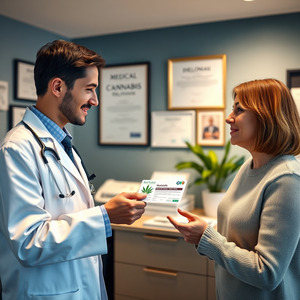 Create a photorealistic image depicting a doctor handing a medical cannabis card to a patient. The scene is set in a modern medical office, with diplomas and medical equipment visible in the background. Lighting should be warm and reassuring. The color palette is clean and professional, with shades of blue, green, and white. Camera angle is mid-range, capturing the interaction between the doctor and patient. Use a style similar to healthcare photography. Reference images include doctor-patient interactions. The overall feeling should be hopeful and supportive.