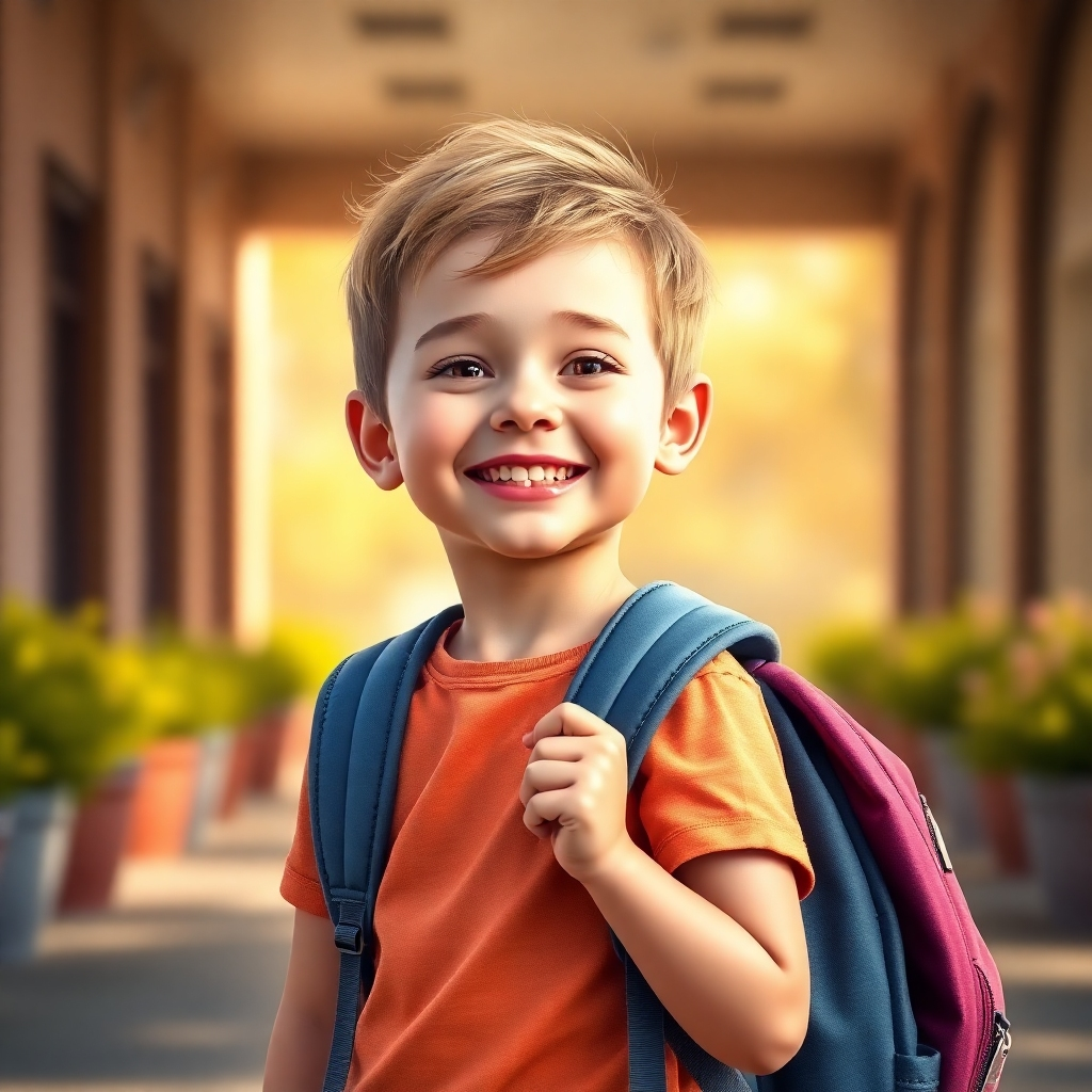 Create a photorealistic image of a child with a backpack, smiling happily as they head to school on a bright Monday morning. The image should have a warm and bright lighting, with a slightly high-angle shot to make the child appear even more cheerful. Use a detailed, high-quality rendering style and a color palette of warm and inviting colors.
