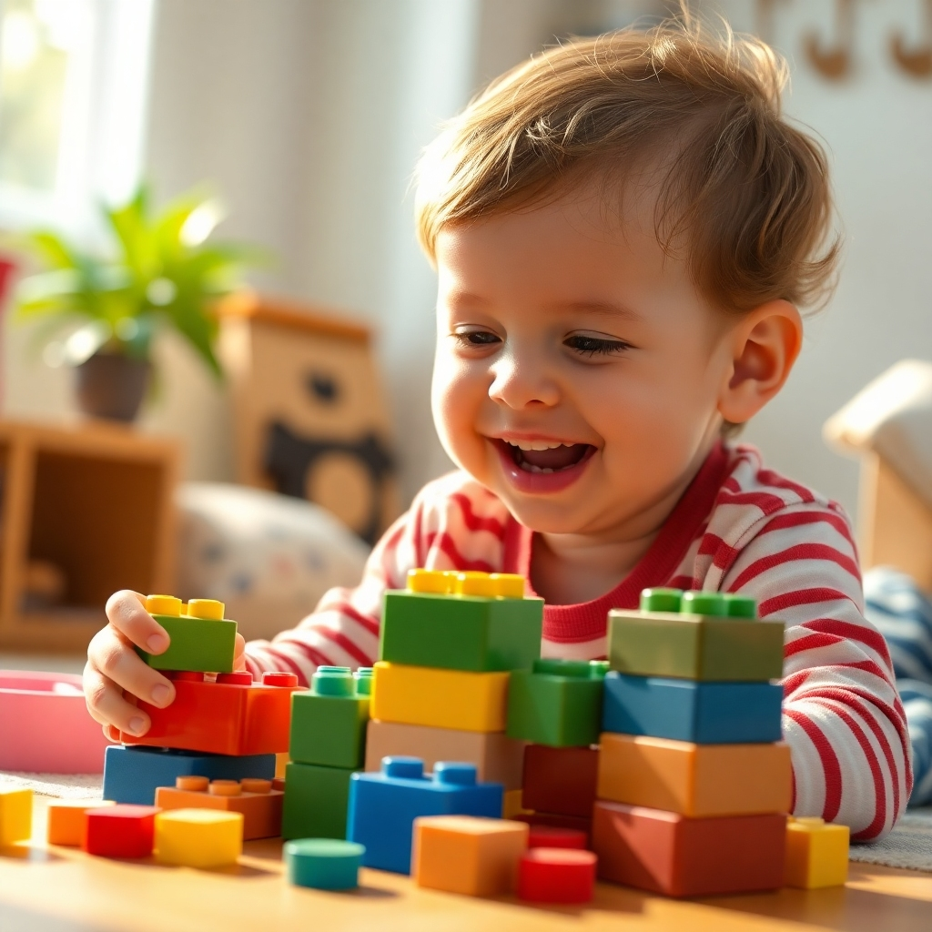 Create a photorealistic image of a child happily playing with building blocks, with soft, angelic-sounding music playing faintly in the background. The scene should be warm and inviting, with natural light streaming in. The child's expressions should be joyful and confident.