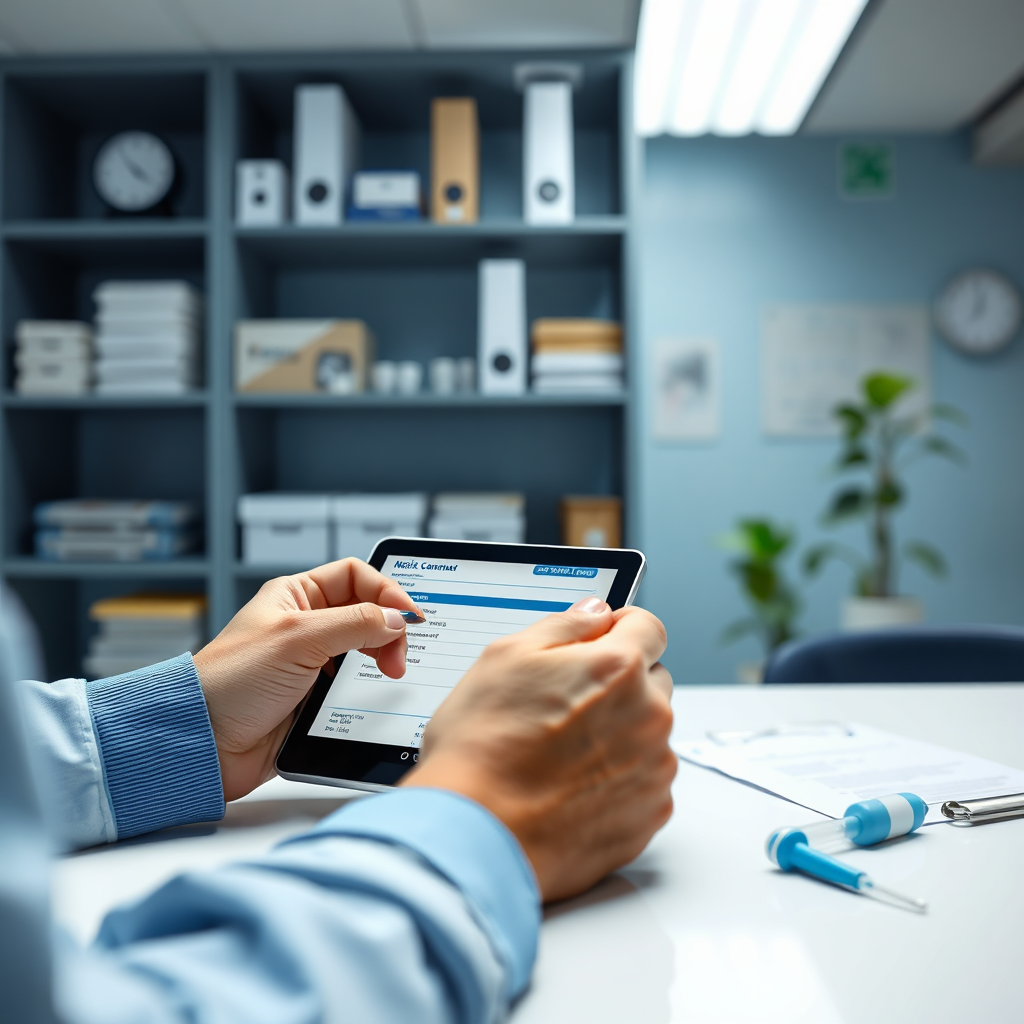 Create a photorealistic image depicting a person filling out a medical cannabis registration form on a tablet. The scene should be set in a clean and organized office environment. The lighting should be bright and informative, using a color palette of blues and whites. The camera angle should be close-up, focusing on the tablet and hands. Add texture details like registration documents and medical devices. The environment should evoke a sense of simplicity and clarity.