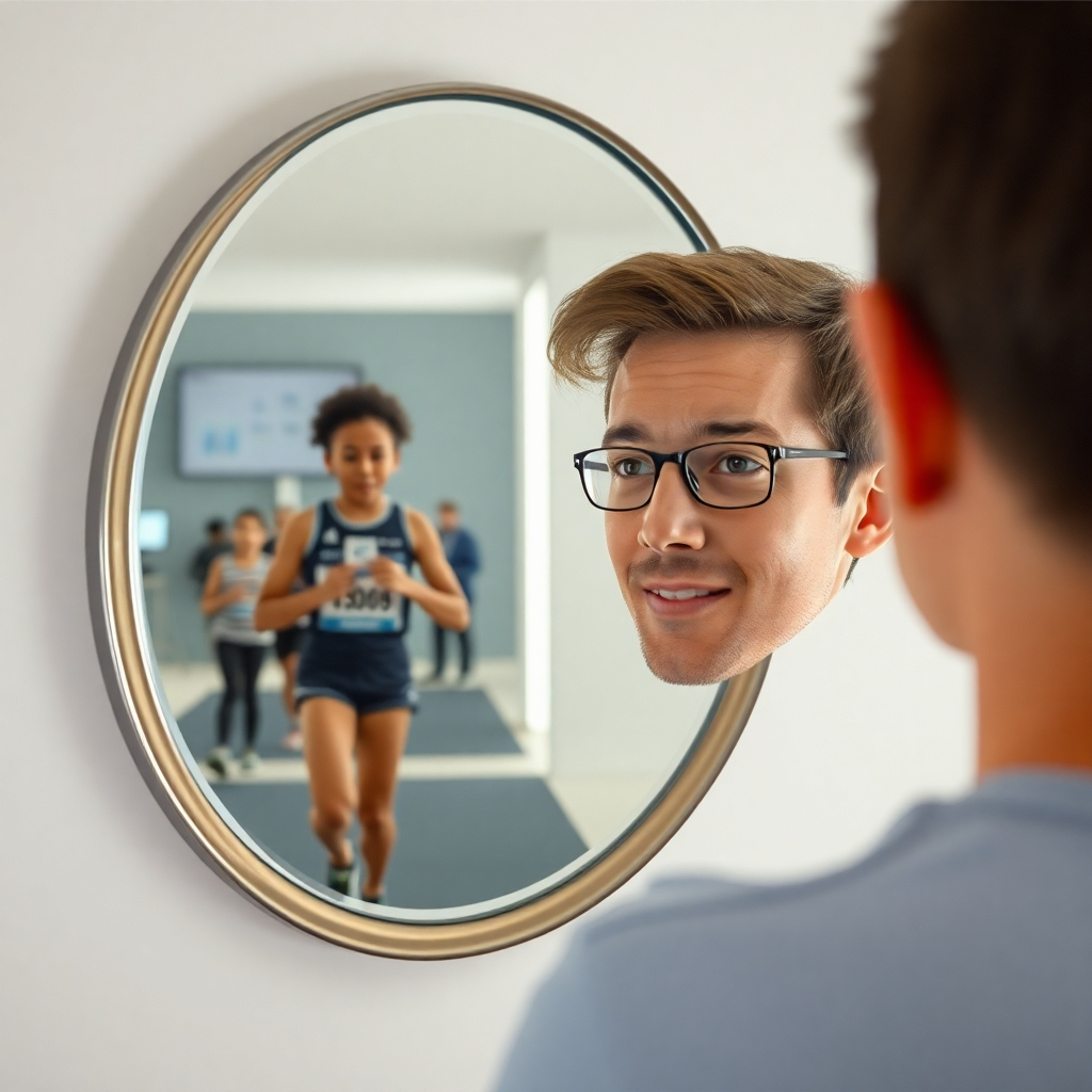 Create a photorealistic image of a person looking in a mirror. Instead of their normal reflection, the mirror shows them achieving a significant goal – giving a successful presentation, finishing a marathon, or receiving an award. The lighting is bright and optimistic, highlighting the positive vision in the mirror. The person should look confident and inspired. Style reference: dreamlike realism. Technical specs: High quality, detailed rendering.