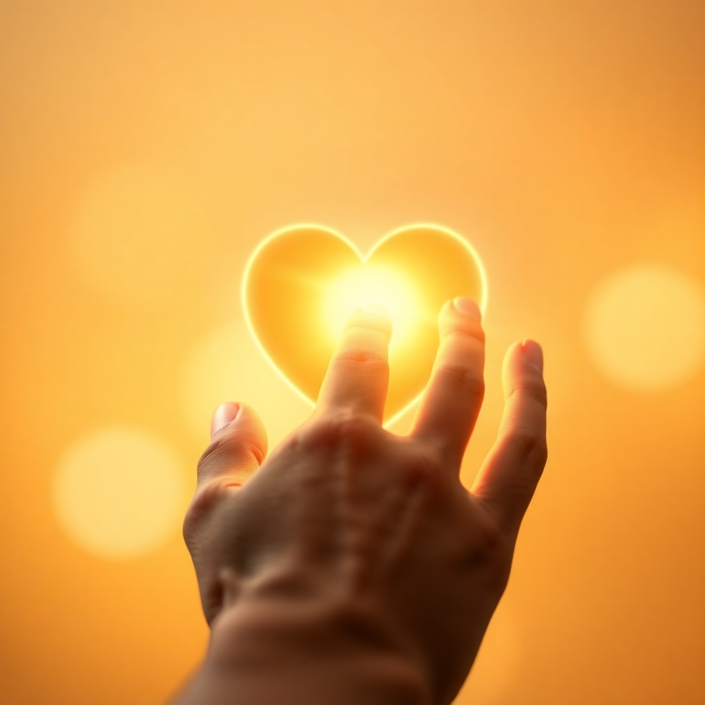 Create a photorealistic image of a hand gently touching a glowing heart. The heart is surrounded by soft, golden light representing positive affirmations. The background should be a soft, blurred background with warm colors. Focus on the connection between touch and healing.