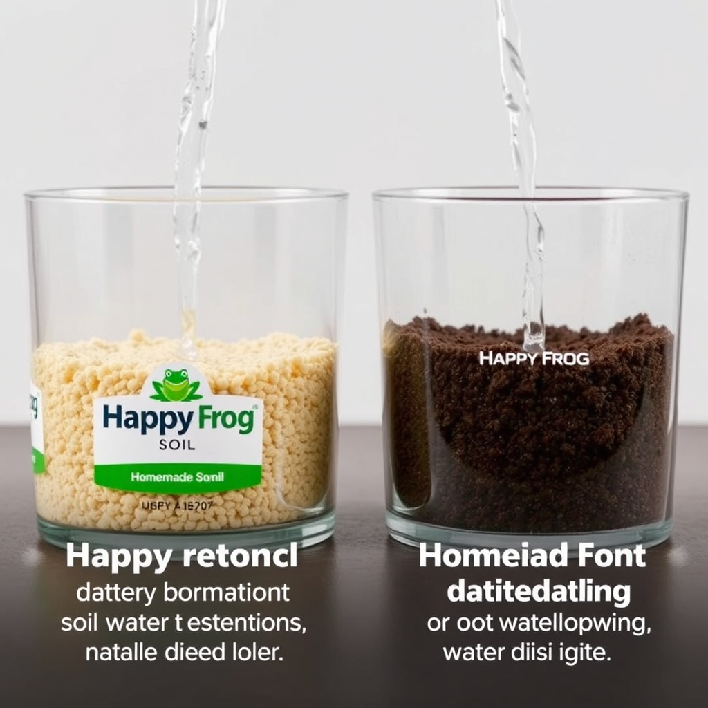Create a photorealistic image comparing water retention and drainage in Happy Frog soil versus a homemade mix. Two clear containers, one filled with Happy Frog, the other with homemade soil, are shown with water being poured into each. Visually represent the water absorption rate and drainage effectiveness. The Happy Frog soil shows excellent water retention, with moisture evenly distributed. The homemade soil shows either rapid drainage or potential waterlogging. The lighting should be bright and clear, showcasing the soil textures and water behavior. The background is a simple, neutral surface. Camera angle: side view, close up. Style reference: Educational video screenshot.