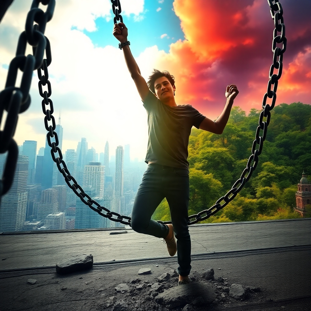 Create a photorealistic image depicting a person breaking free from chains, with a cityscape transforming into a lush, vibrant landscape in the background. The color palette should transition from dark, muted tones in the chains and cityscape to bright, vibrant colors in the landscape. The camera angle should be a low angle, looking up at the person as they break free. Style references include images of liberation and transformation. The key is to capture the feeling of breaking free and the contrast between limitation and freedom. Pay close attention to the texture of the chains and the dynamism of the transformation.