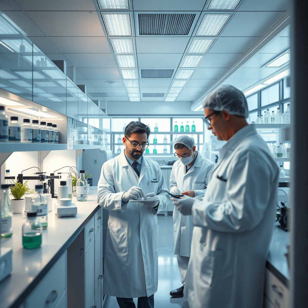 Create a photorealistic image depicting researchers in a laboratory studying cannabis compounds. The scene should be set in a modern laboratory with scientific equipment. The lighting should be sterile and focused, using a color palette of whites and blues. The camera angle should be medium-range, capturing the entire lab environment. Add texture details like lab equipment and scientific data. The environment should evoke a sense of discovery and innovation.