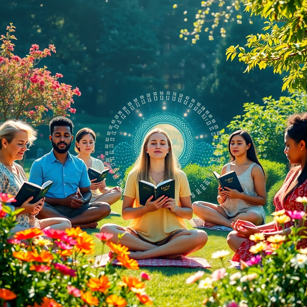 Create a photorealistic image for the 'About Us' section. Depict a diverse group of people meditating peacefully in a sunlit garden. Each person is holding or has nearby a King James Bible. Solfeggio frequencies are visualized as gentle, colorful light waves surrounding the group, creating a sense of unity and peace. The garden is lush and vibrant, with flowers and trees symbolizing growth and healing. The overall atmosphere should be one of serenity, hope, and connection. Use a slightly elevated camera angle to capture the entire group and the beauty of the garden. The image should be high quality with 4K resolution, paying attention to the details of the people's expressions and the texture of the natural environment. Style: Inspired by the impressionistic paintings of Monet, with a focus on light and color to evoke emotion.