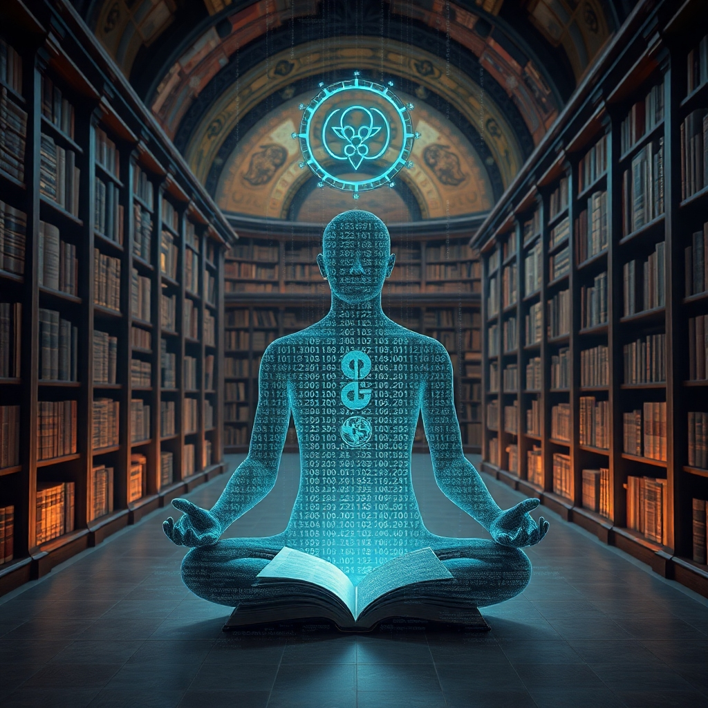 Create a photorealistic image of ancient symbols blended seamlessly with digital code, overlaid on a meditating figure. The background should depict a futuristic library with ancient texts. The color scheme is a mix of earth tones and electric blues. Use a wide-angle shot to capture the juxtaposition of old and new. References include historical libraries and tech-inspired artwork. The image represents the integration of ancient wisdom with modern tools.