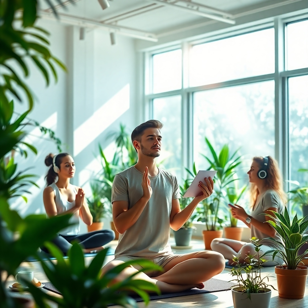 Create a photorealistic image representing the core of 'Positive Affirmations Frequency'. The subject is a diverse group of people engaged in mindful activities: one person practices yoga, another listens to headphones, and a third reads an affirmation card. The setting is a bright, modern studio space filled with plants. Sunlight streams through large windows, creating a sense of warmth and energy. Subtle visual effects, like radiating light and glowing symbols, enhance the feeling of positivity and alignment. Use a wide-angle shot to capture the entire scene. The color palette should be vibrant and uplifting, with greens, blues, and yellows dominating. Style: Modern, clean, and inspiring. Technical specs: 4K resolution, high-quality rendering.