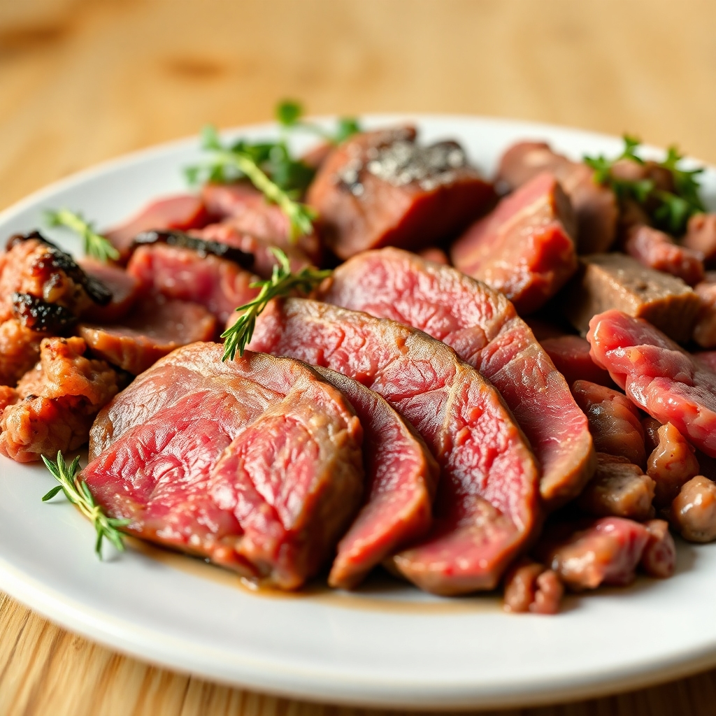 Create a photorealistic image of a plate filled with various cuts of meat (steak, ground beef, liver) arranged artfully. The meat should appear fresh and appetizing, with visible marbling and textures. The background should be a simple wooden table with soft, natural lighting.