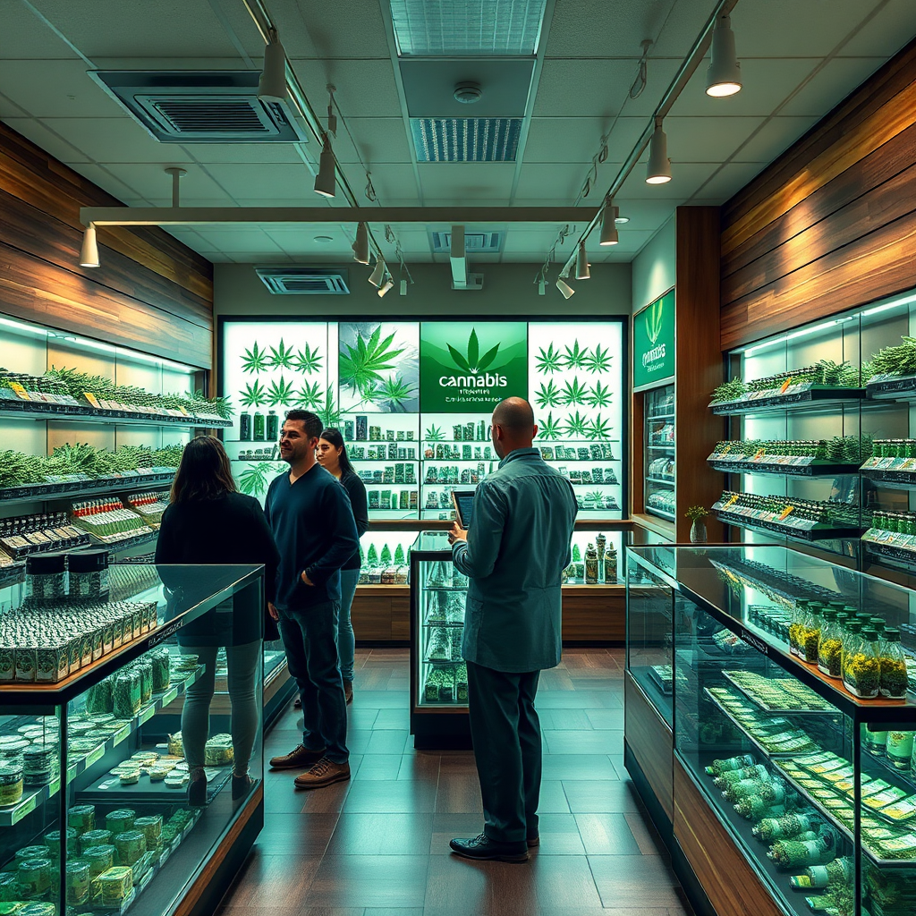 Create a photorealistic image depicting the interior of a modern cannabis dispensary in Virginia. The scene should show customers browsing cannabis products under the guidance of knowledgeable staff. The lighting should be welcoming and professional, using a color palette of greens and browns. The camera angle should be medium-range, capturing the entire store environment. Add texture details like glass displays and cannabis packaging. The environment should evoke a sense of security and professionalism.
