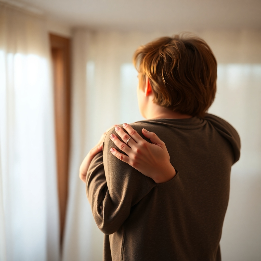 Create a photorealistic image of a person gently embracing themselves. The background should be soft and blurred, creating a sense of intimacy and self-acceptance. The lighting should be warm and comforting. Style reference: gentle realism. Technical specs: High quality, detailed rendering.