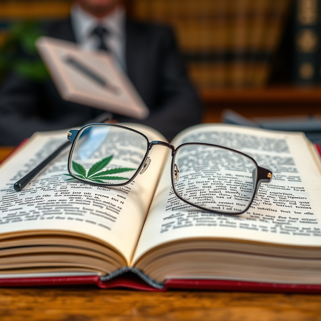 Create a photorealistic image representing understanding cannabis possession laws in Virginia. The image should feature an open law book with a cannabis leaf subtly imprinted on one of the pages. A pair of reading glasses rests on the book, suggesting careful study and understanding. The background should be a professional office setting, conveying authority and knowledge. Lighting should be warm and inviting, highlighting the texture of the book and glasses. Camera angle: Close-up, focusing on the book, leaf imprint, and glasses. Texture details: Detailed book cover, crisp page texture, and reflective glass. Style references: Scholarly, authoritative, and informative. Technical specs: 4K resolution, high quality rendering.