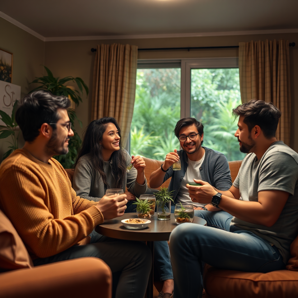 Create a photorealistic image representing safe cannabis consumption practices. The image should depict a group of responsible adults engaging in a low-key gathering in a private home, enjoying cannabis responsibly. The setting should be comfortable, safe, and conducive to open communication. There should be no signs of over-intoxication or irresponsible behavior. The focus should be on informed and consensual consumption. Color palette: Warm, inviting tones of browns, greens, and yellows. Camera angle: Medium shot, capturing the atmosphere and the subjects' relaxed interactions. Texture details: Soft fabrics, comfortable seating, and realistic facial expressions. Style references: Responsible, communal, and modern. Technical specs: 4K resolution, high quality rendering.