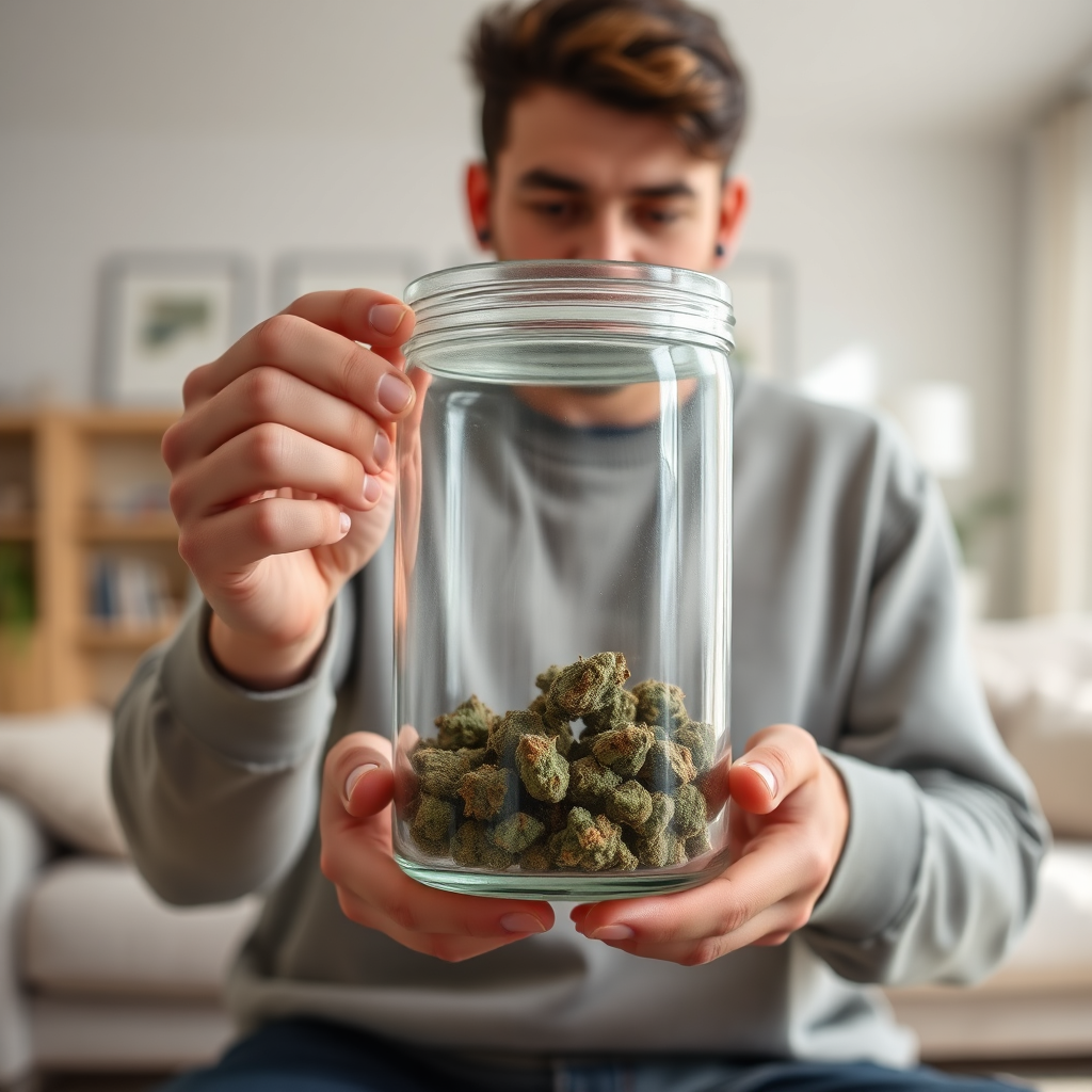 Create a photorealistic image illustrating a person legally possessing cannabis. The setting is a bright, clean living room. Focus on highlighting the specific weight or quantity that represents the legal limit in Virginia for 2025. Use a clear scale and well-lit environment. The style should be informative and educational, similar to product photography, emphasizing transparency and clarity. The color palette should be neutral and calming. 4K resolution.
