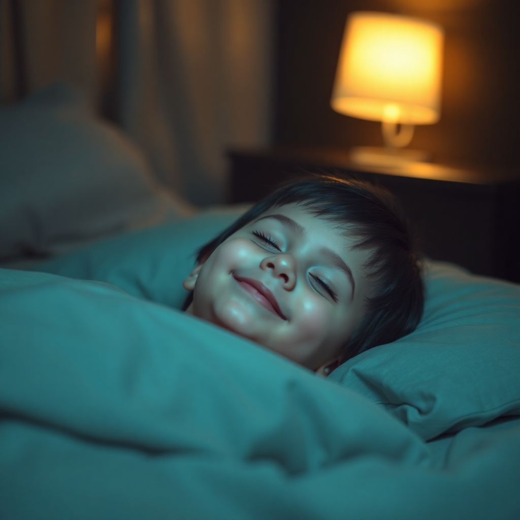 Create a photorealistic image.  A child is lying in bed, eyes closed, a serene smile on their face. Soft 777 Hz angelic music plays subtly in the background. The room is dark, illuminated only by a soft nightlight. The color palette is muted and soothing. The camera angle is from a slightly above, offering a comforting view. Focus on the child's peaceful expression and the soft light in the room.  The overall mood should be tranquil and inviting.
