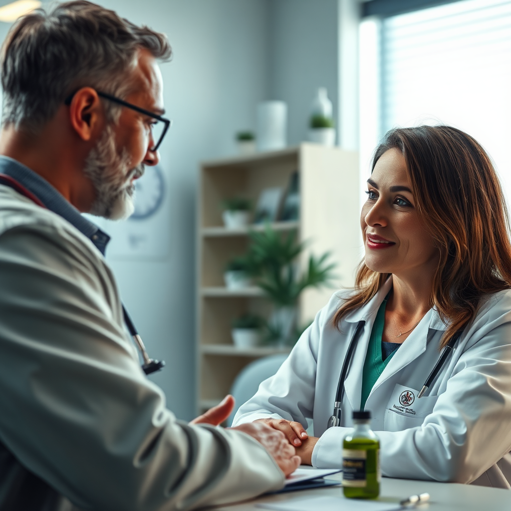 Create a photorealistic image depicting a doctor consulting with a patient about medical cannabis. The scene should be set in a modern medical office, with a focus on the doctor-patient relationship. The lighting should be soft and reassuring, using a color palette of greens and blues. The camera angle should be medium close-up, capturing the expressions of both individuals. Add texture details like medical charts and cannabis products. The environment should evoke a sense of trust and care.